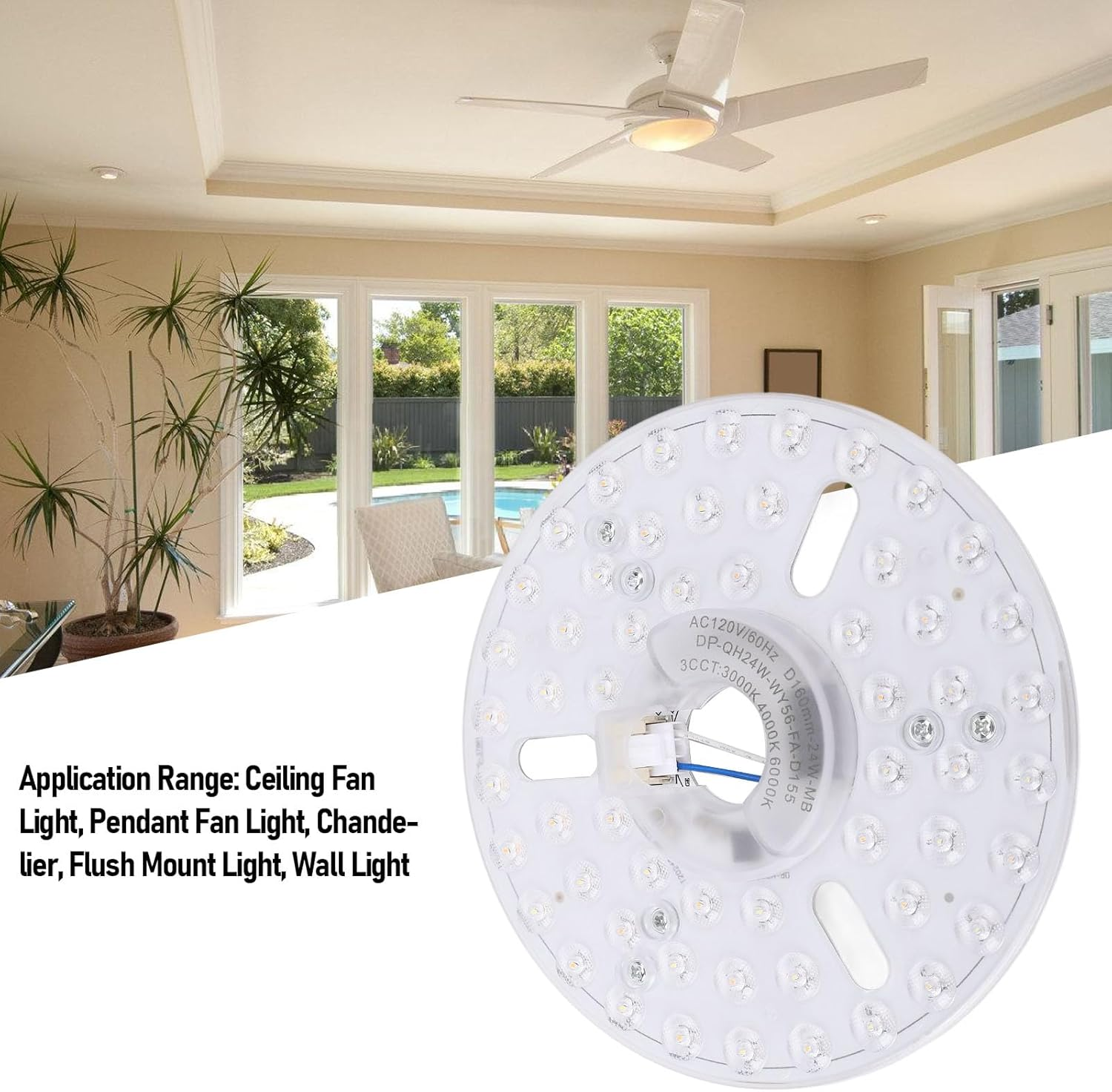 6.3 Inch LED Ceiling Fan Light Retrofit Kit, 24W 3CCT 3000K 4000K 6000K Dimmable round Ceiling Light, Replacement Ceiling Fans with Lights for Bedroom Living Room Dining Room (230) image number 3