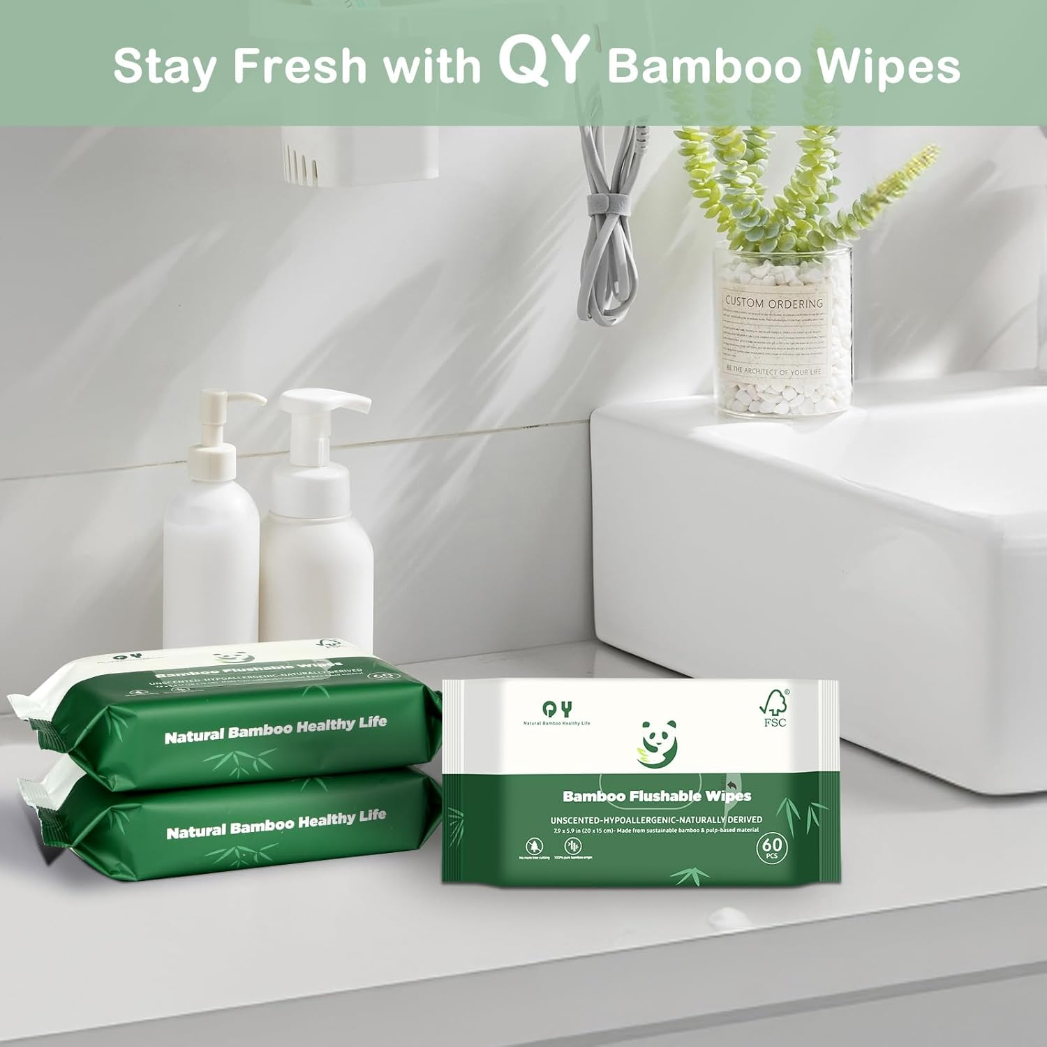 Bamboo Flushable Wet Wipes | Hypoallergenic | Septic Safe | Unscented | Eco Friendly | Soothing Botanicals & Aloe | Travel Size | for Women/Kids/Adults | 360Pk image number 1