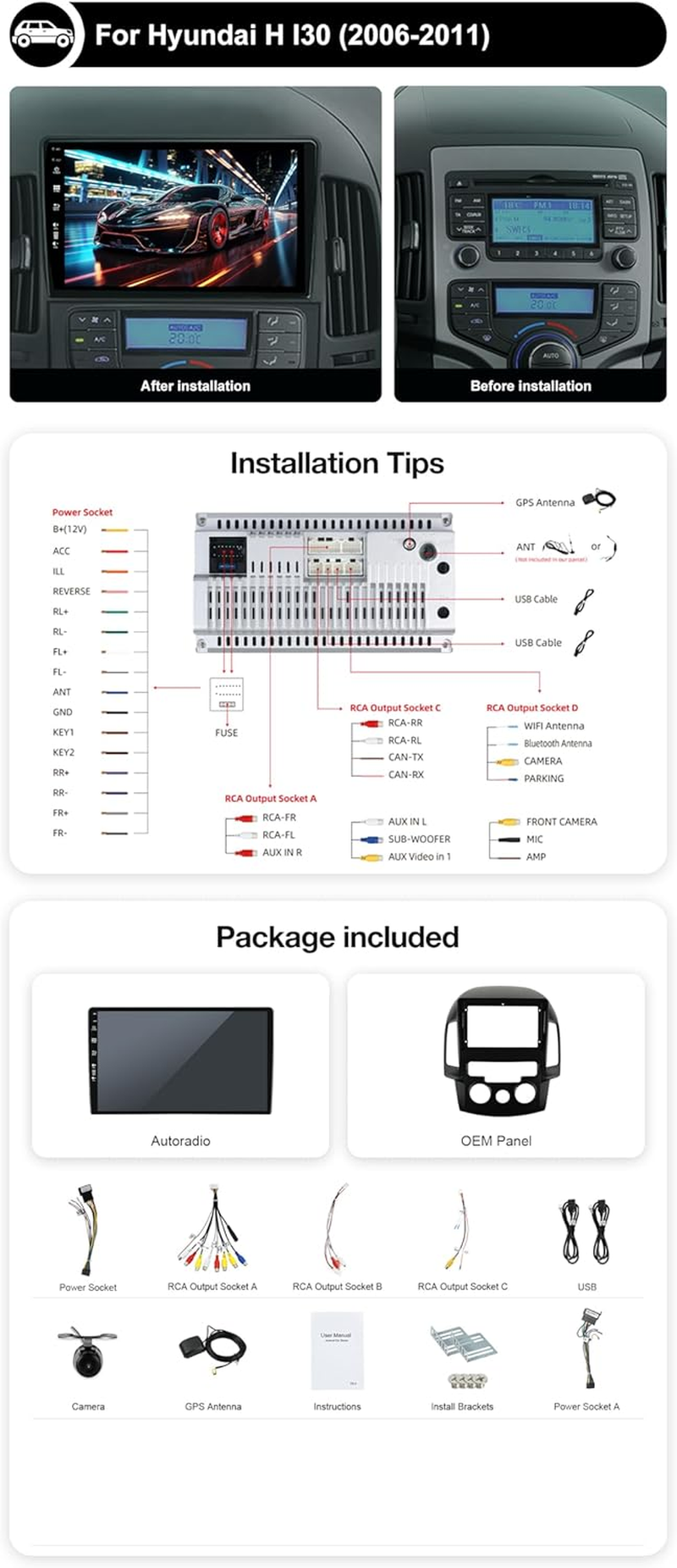 Android 14 IPS Car Stereo for Hyundai I30 (2006-2011) - 2G+32G - Wireless Carplay/Android Auto - Rear Camera Free - 9 Inch 2 Din - DAB Steering Wheel Fast-Boot DSP Bluetooth Wifi image number 2