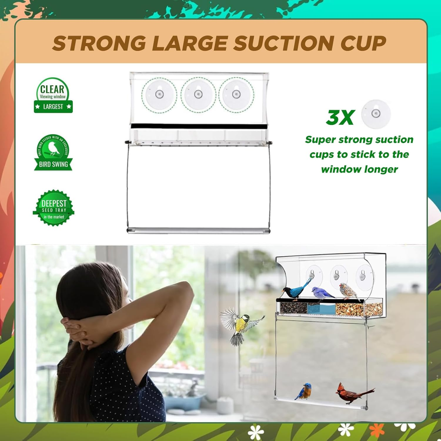 SUSOO Window Bird Feeder for Outdoors with Interactive Swing Perch Toy, Acrylic Clear Feeder with 3 Large Capacity Detachable Seed & Water Tray and Suction Cups,For Watching Wild Birds in Garden &Yard image number 5