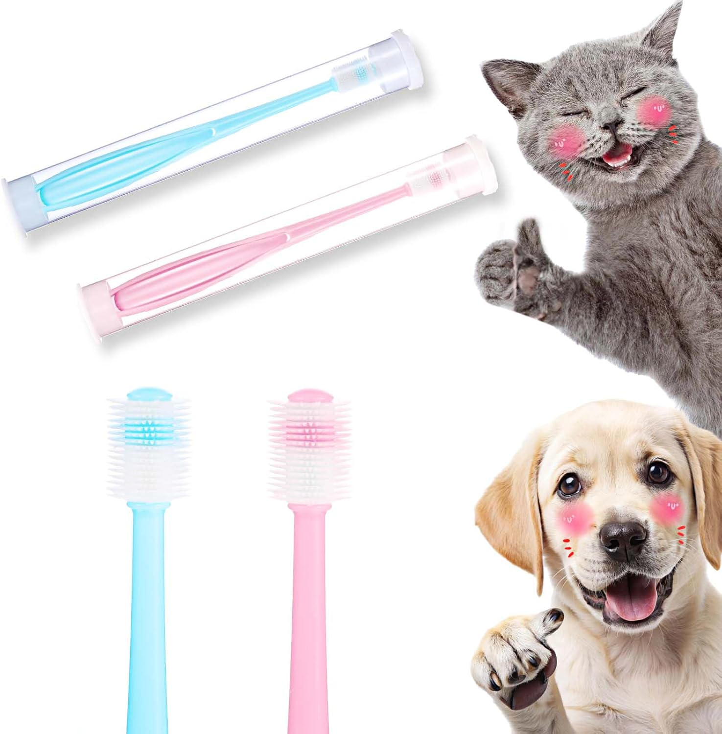 2Pcs Dog Toothbrush Cat Toothbrush, 360 Silicone Toothbrush Small Dog Toothbrush Effective & Deep Pet Teeth Cleaning Cat Dental Care, Puppy Tooth Brushing Kit for Brush Away Bad Breath(Blue, Pink) image number 1