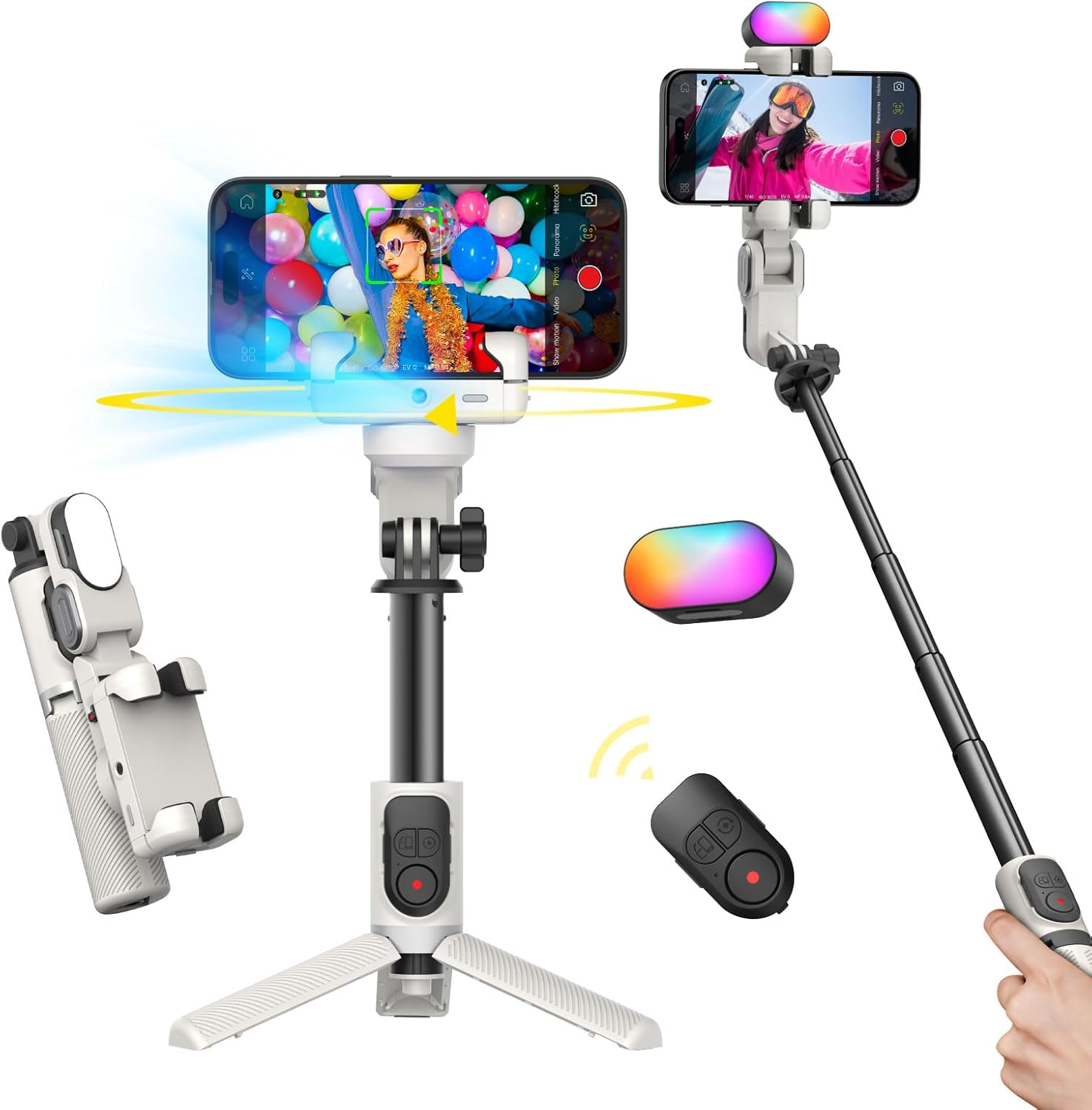 AOCHUAN Gimbal Stabilizer for Iphone, Sefie Stick Tripod with Auto Face Tracking for TIK Tok Youtube Video Recording, 4 in 1 Gimbal Stabilizer with 360&deg; Rotation for Iphone/Andriod -M1 Pro White