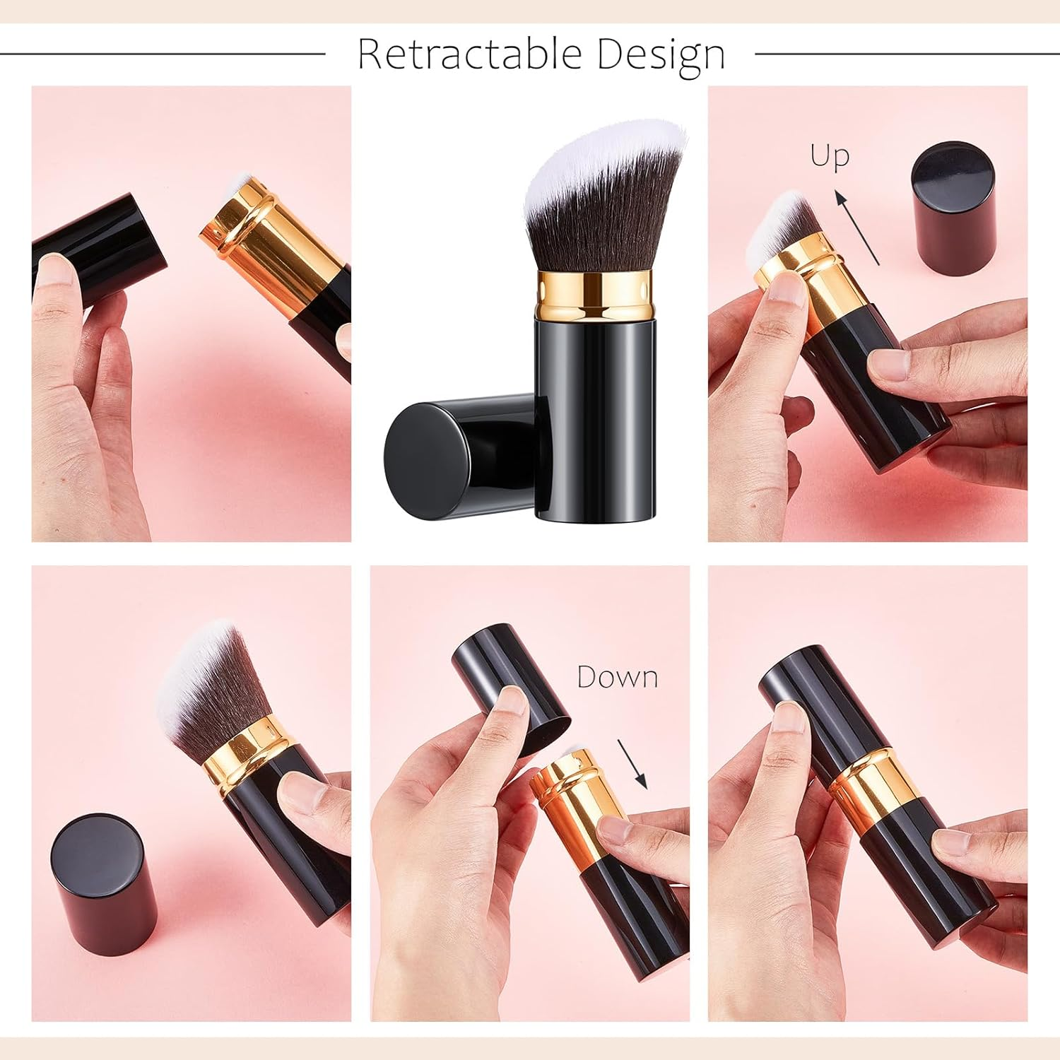 Tessco for You 2 Pcs Retractable Kabuki Makeup Brush Powder Foundation Makeup Brushes Portable Travel for Blush Bronzer Buffing Loose Powder Cream Sunscreen Blending Liquid(Classic Style) image number 5