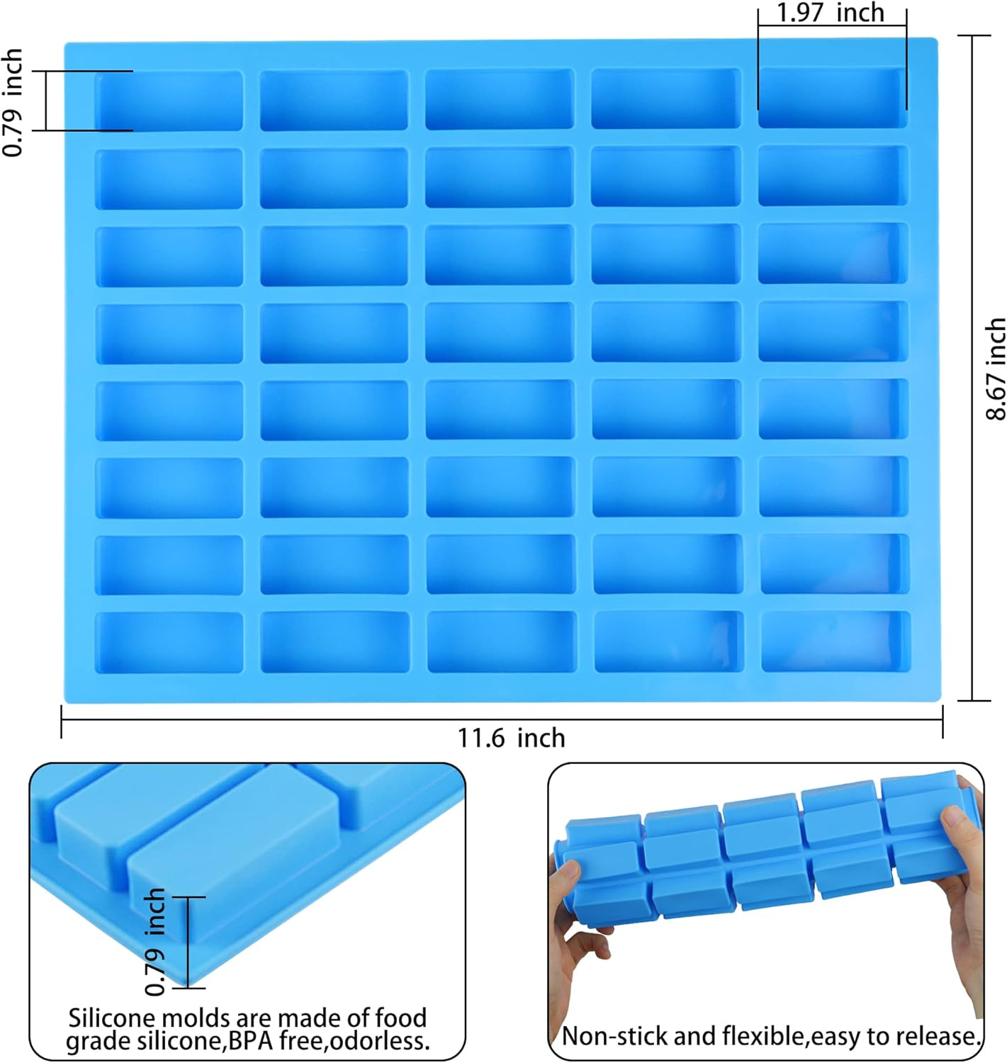 2 Pack of 40 Cavities Narrow Rectangular Chocolate Molds/Silicone Caramel Molds/For Fudge, Truffles, Nuts, Caramel/Ice Cube Tray Molds. image number 1