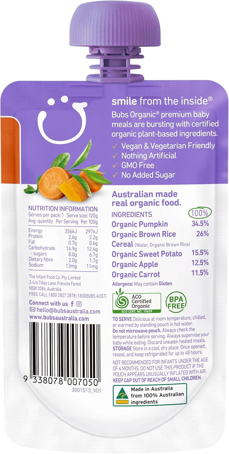 Bubs Organic Sweet Potato, Carrot & Pumpkin Pouch, 4+ Months Baby Food, Veggie Puree Snack, No Added Sugar, 120G (Pack of 6 Pouches) image number 2