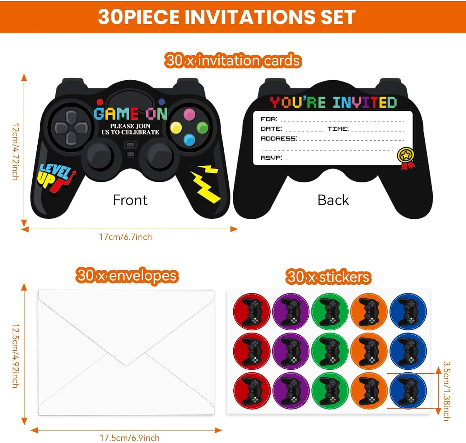 Tevxj 30 Pack Video Game Birthday Party Invitations Cards Envelopes Video Game Party Supplies Fill in Birthday Invite Cards Stickers Kids Boys Girls Game Lovers Birthday Party Decorations Favor 7X5'' image number 1