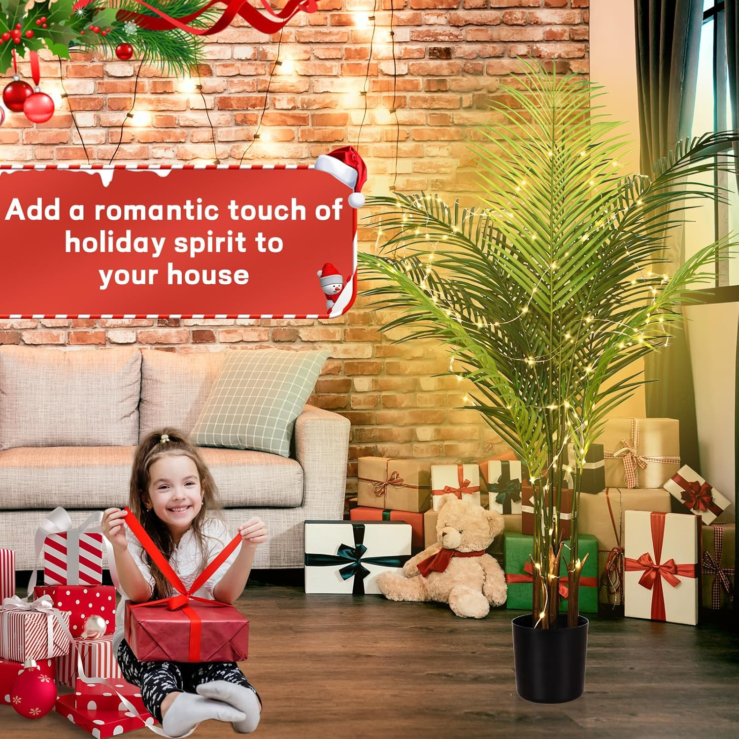 Artificial Areca Palm Plant 3.94 FT/120 Cm Tall Tropical Faux Palm Tree with 100 LED String Lights 10 Leaves Fake Palm Tree for Home Office Living Room Floor Christmas Decor image number 4