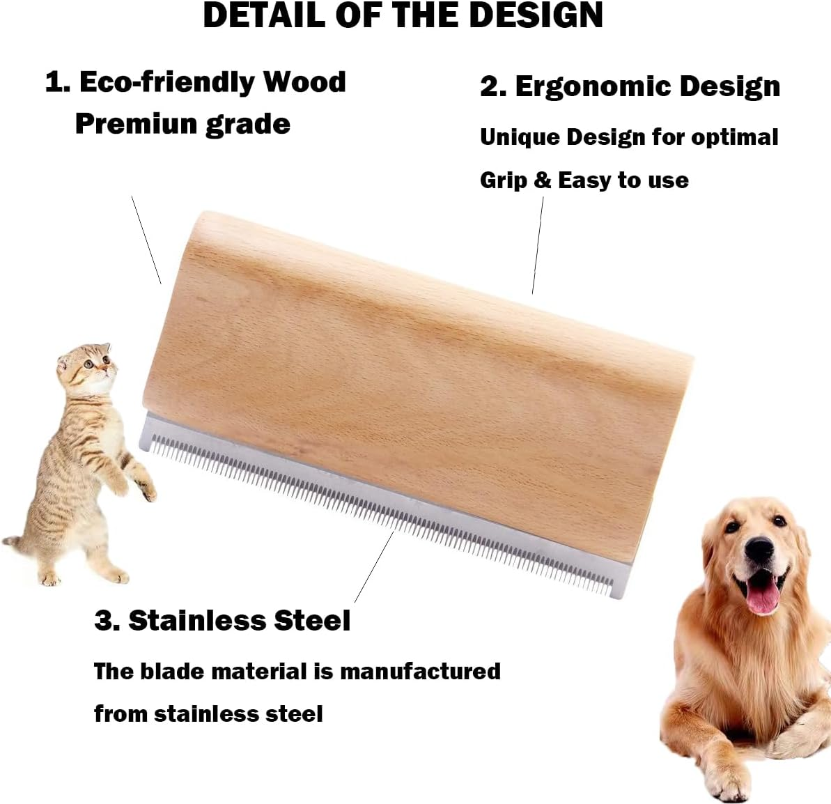 Deshedding Brush, Grooming Tool for Dogs, Cats & Horses, Ergonomic Design Wood Groom Brush, Dog Brush for Short & Long Haired, Horse Deshedding Tool - 5 Inches image number 3