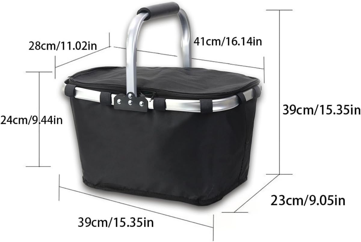 AIMALL Portable Folding Picnic Basket with Aluminium Foil Insulation, 24X39X23Cm Oxford Lunch Cooler Bag for Outdoor Camping, Takeaway, Shopping and Fast Food Storage - Black image number 4