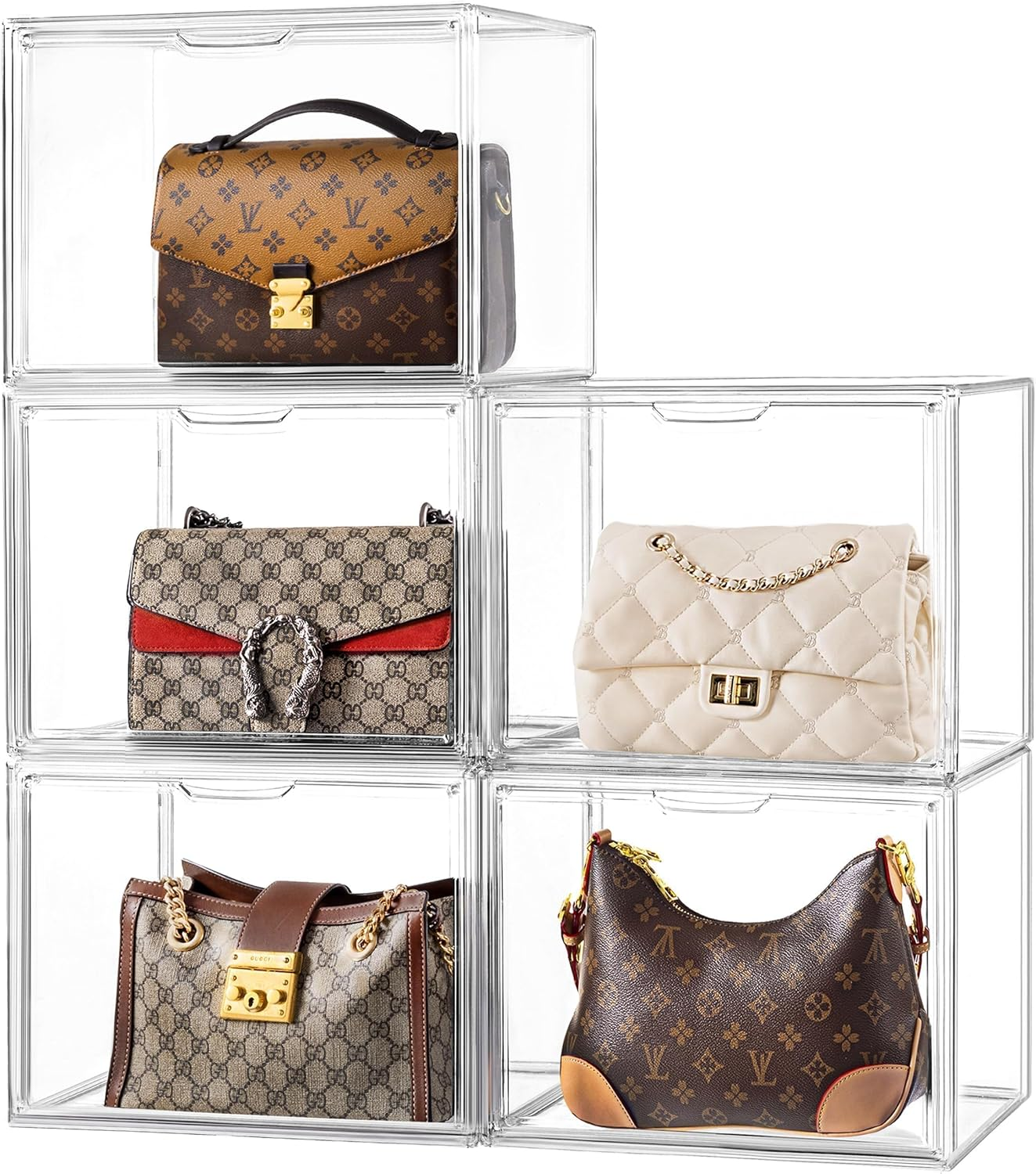 Hblife Clear Purse Organizer for Closet, Stackable Handbag Storage Box Container with Magnetic Door for Collectibles, Cosmetics, Books, Women Heels and Toys (3 Pack, Large)