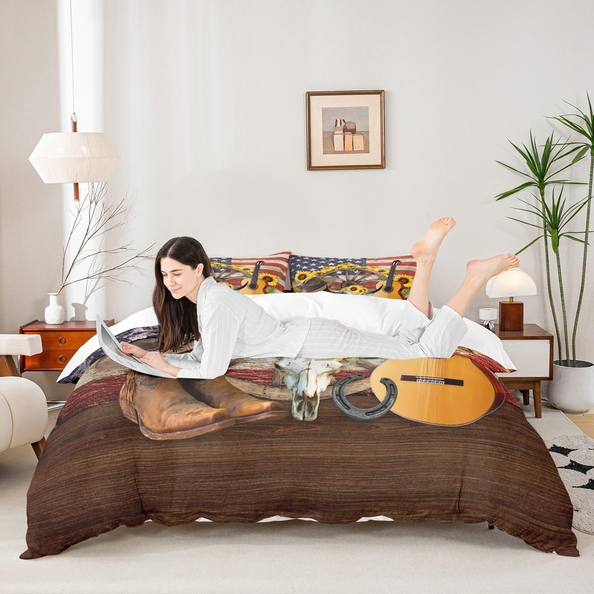 Western Cowboy Kids Duvet Cover Set Queen Size,Cow Skull Horseshoes Sunflowers Bedding Set,Boys Girls Adults Room Decor,American Flag Retro Comforter Cover,Rustic Farmhouse Quilt Cover,2 Pillowcases image number 6