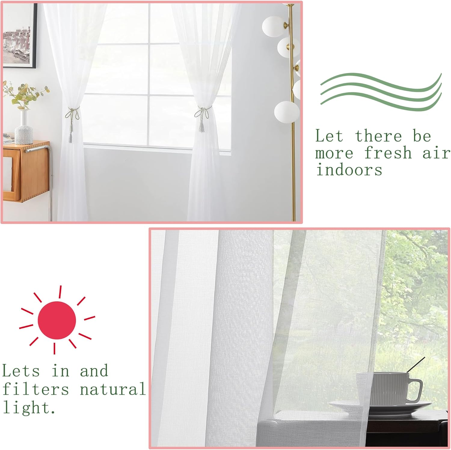 Sheer White Voile Curtains - 98" Long Rod Pocket Drapes for Living Room/Bedroom - 2 Panels Set - Soft Sheer Fabric - Light & Airy Ambiance - 39" W X 98" L Each image number 2