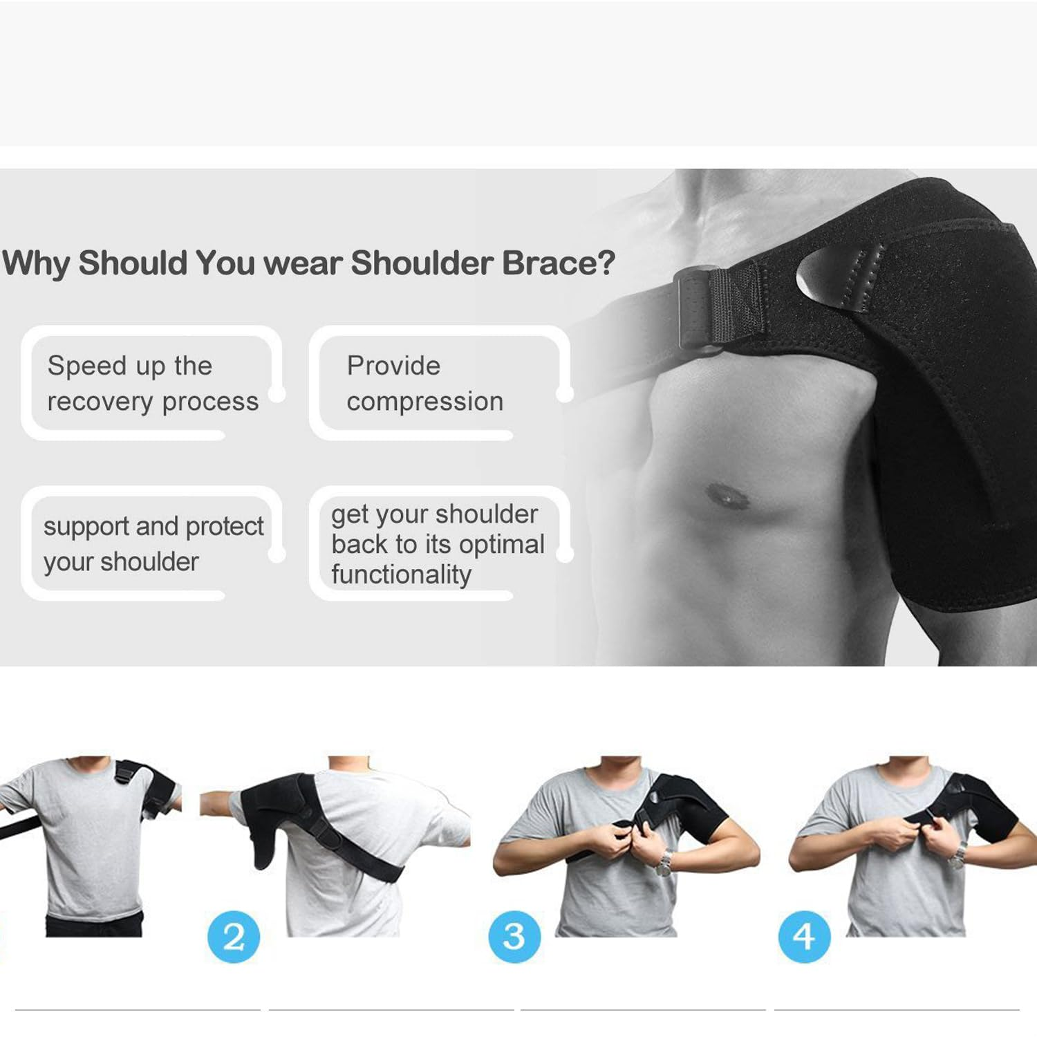 Shoulder Support Brace: Shoulder Pain AC Joint Pain Compression Pain Relief Torn Rotator Cuff Shoulder Injuries and Tendonitis - Adjustable Fits Men, Women - Black （One Size） image number 4