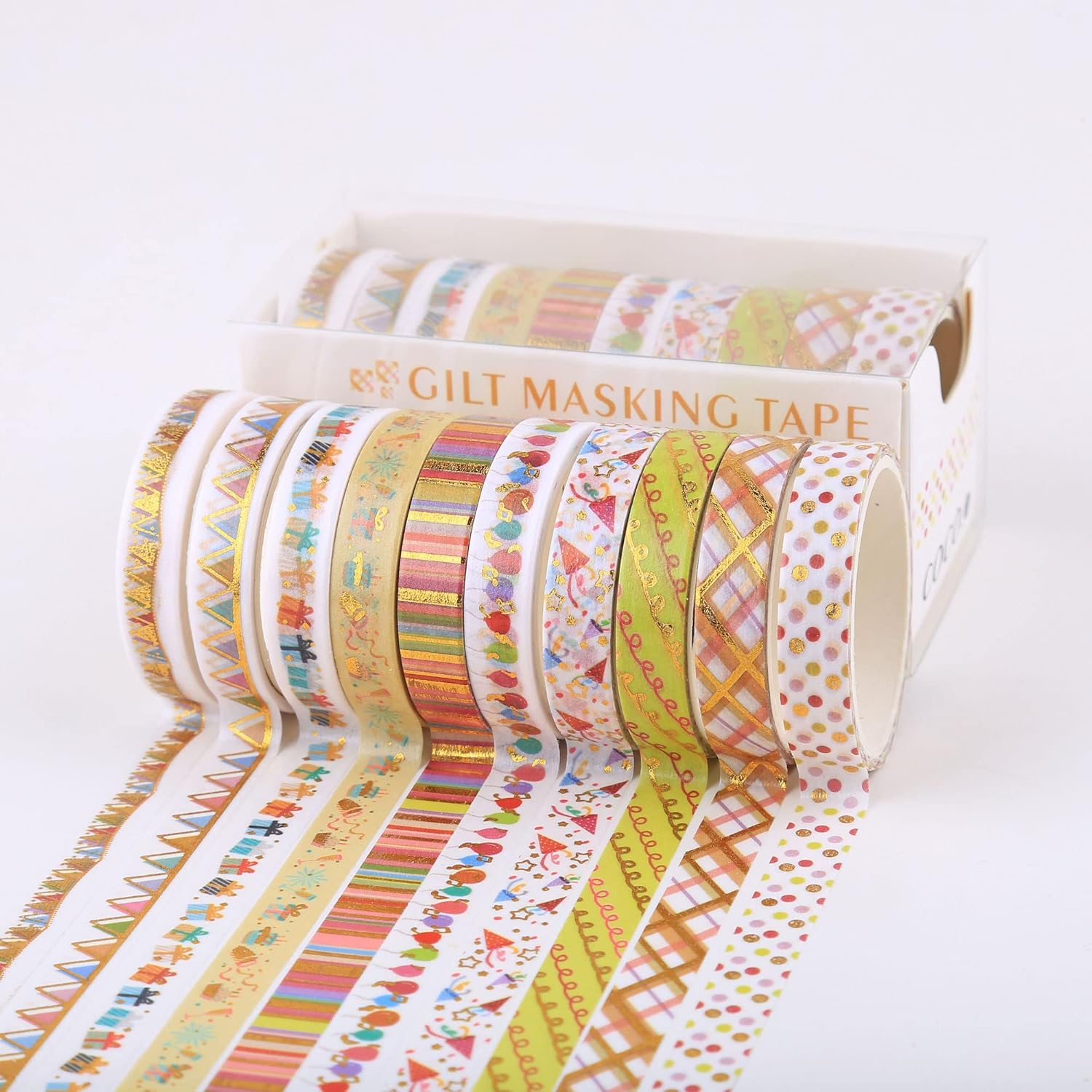 YUBBAEX 10 Rolls Sparkling Washi Tape Set 8Mm Skinny Gold Foil Decorative Masking Washi Tapes for Bullet Journal,Scrapbook, Planner, DIY Crafts (Party Elements) - Flower image number 5