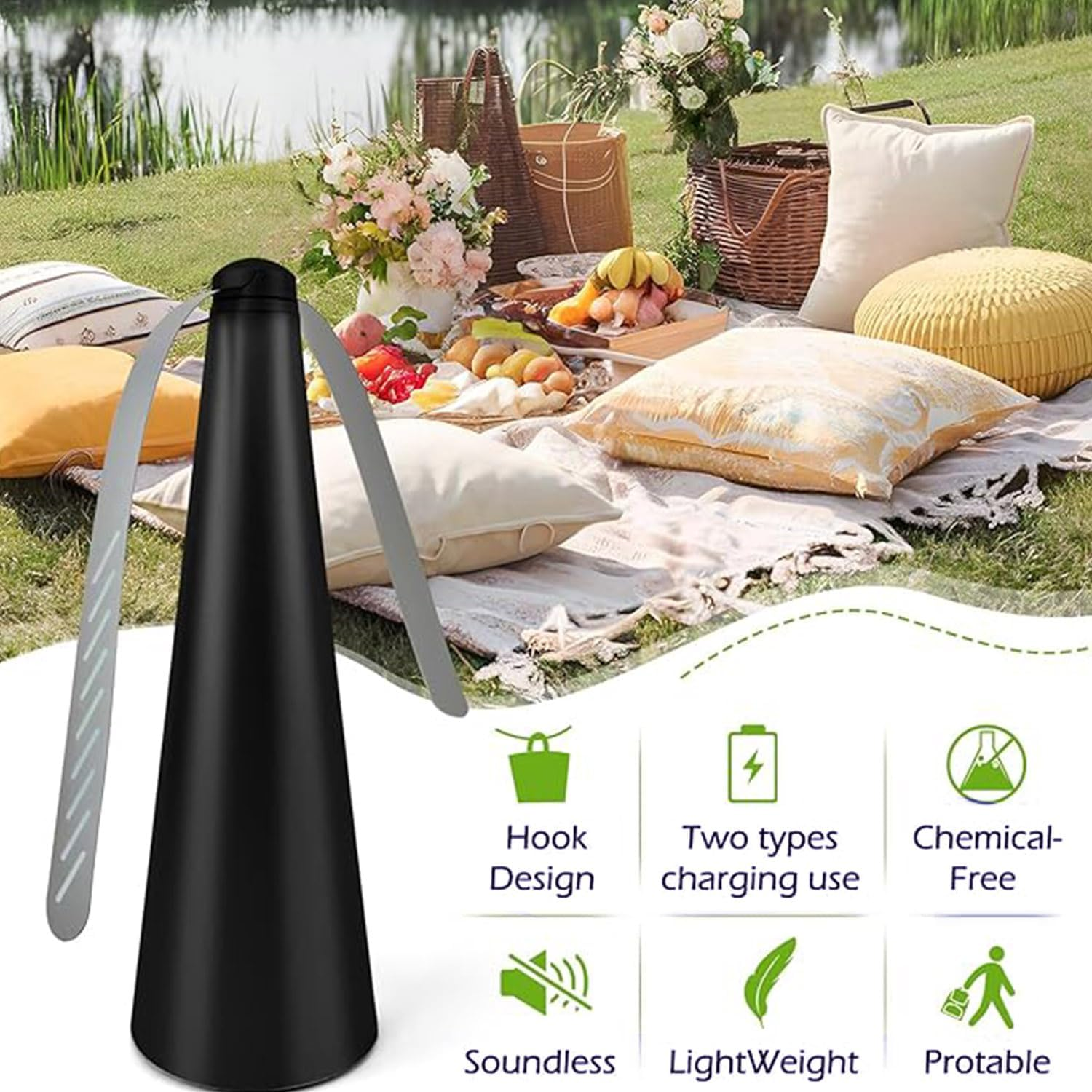 Roczential 3 Black Fly Repellent Fan Outdoor Indoor to Repel Flies, Mosquitoes in Party Kitchen Restaurant Barbecue and Picnic, Black - Black image number 6