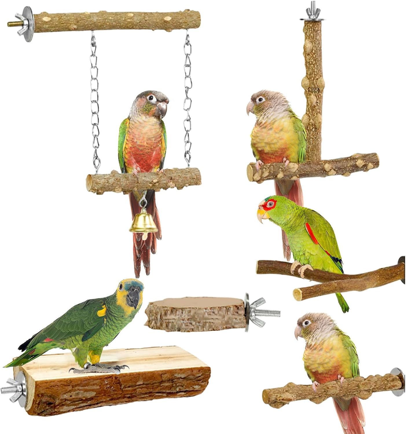Wooden Bird Perch 6 Pcs Natural Wood Perches for Parrots Long Tail Budgies and Birds Hanging Multi-Branch Perch Platform Hammock Swing Toy for Birdcages Bird Accessories image number 2