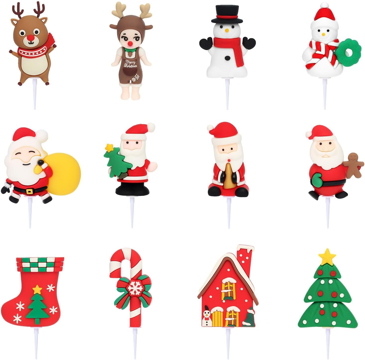 12Pcs Christmas Cake Decoration Ornament, Christmas Cake Decoration Supplies, Santa Claus, Snowman and Deer Etc image number 1