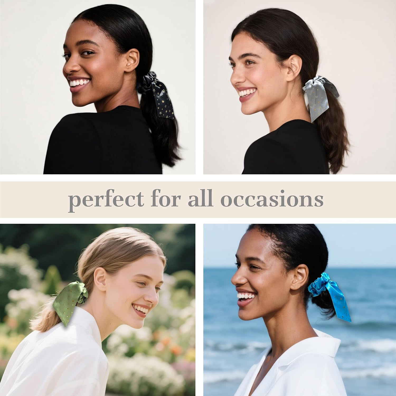 Townssilk Silk Scrunchie Set of 2 with Bow, 100% Mulberry Silk Hair Scrunchie, Voluminous & Gentle, Oeko-Tex Certified - Silver + Meadow Green image number 1