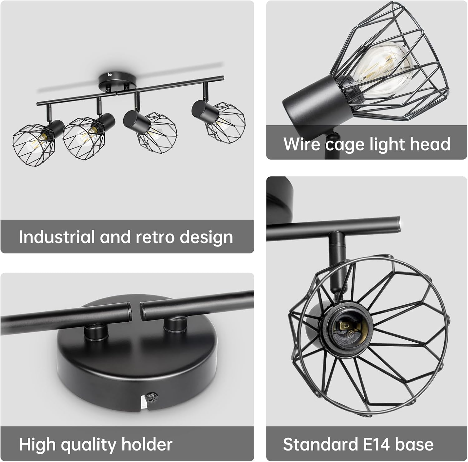 Spot Light Fittings for Ceilings Adjustable Metal Wire Cage Kitchen Spotlight Ceiling Lights with E14 Base Black 4 Way Ceiling Light Industrial for Bedroom Hallway Living Room Shop - Black 2 Spot image number 2