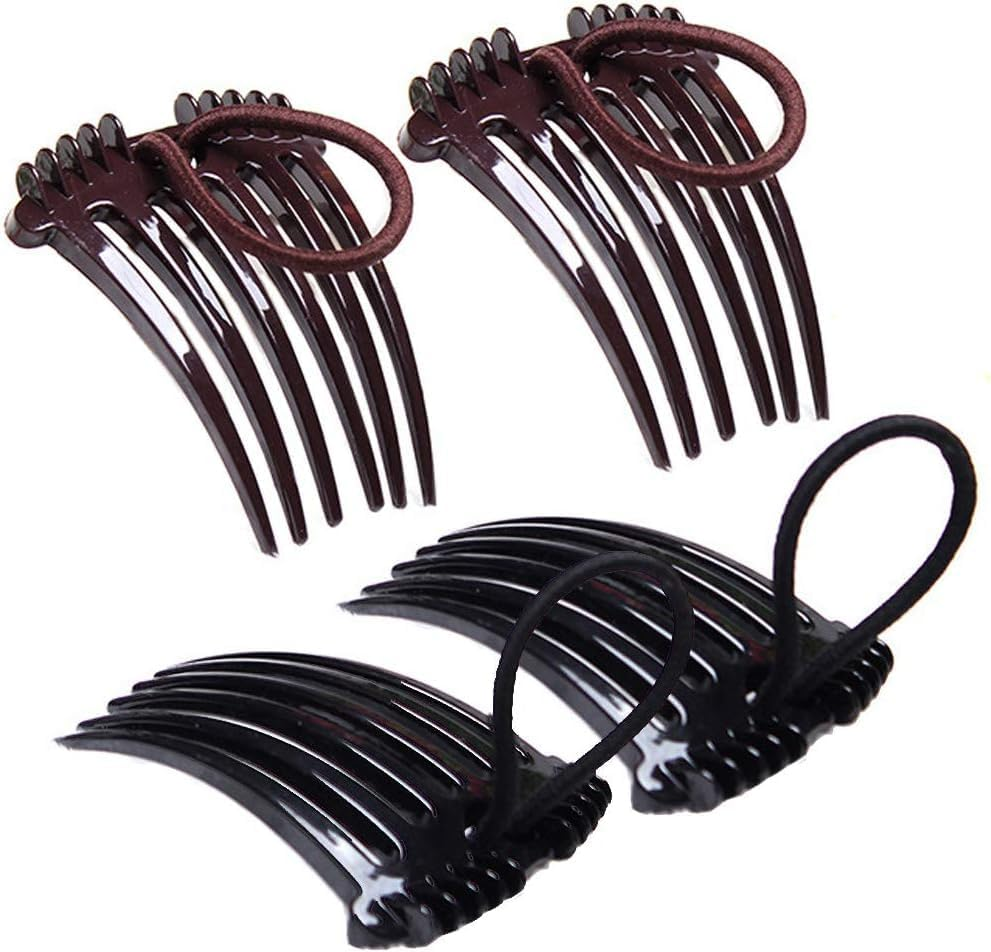 4Pcs Ponytail Bump It up Volume Inserts Combs Fluffy Hair Comb Hair Styling Tool with Elastic Rubber Band (Black+Coffee, One Size) image number 2