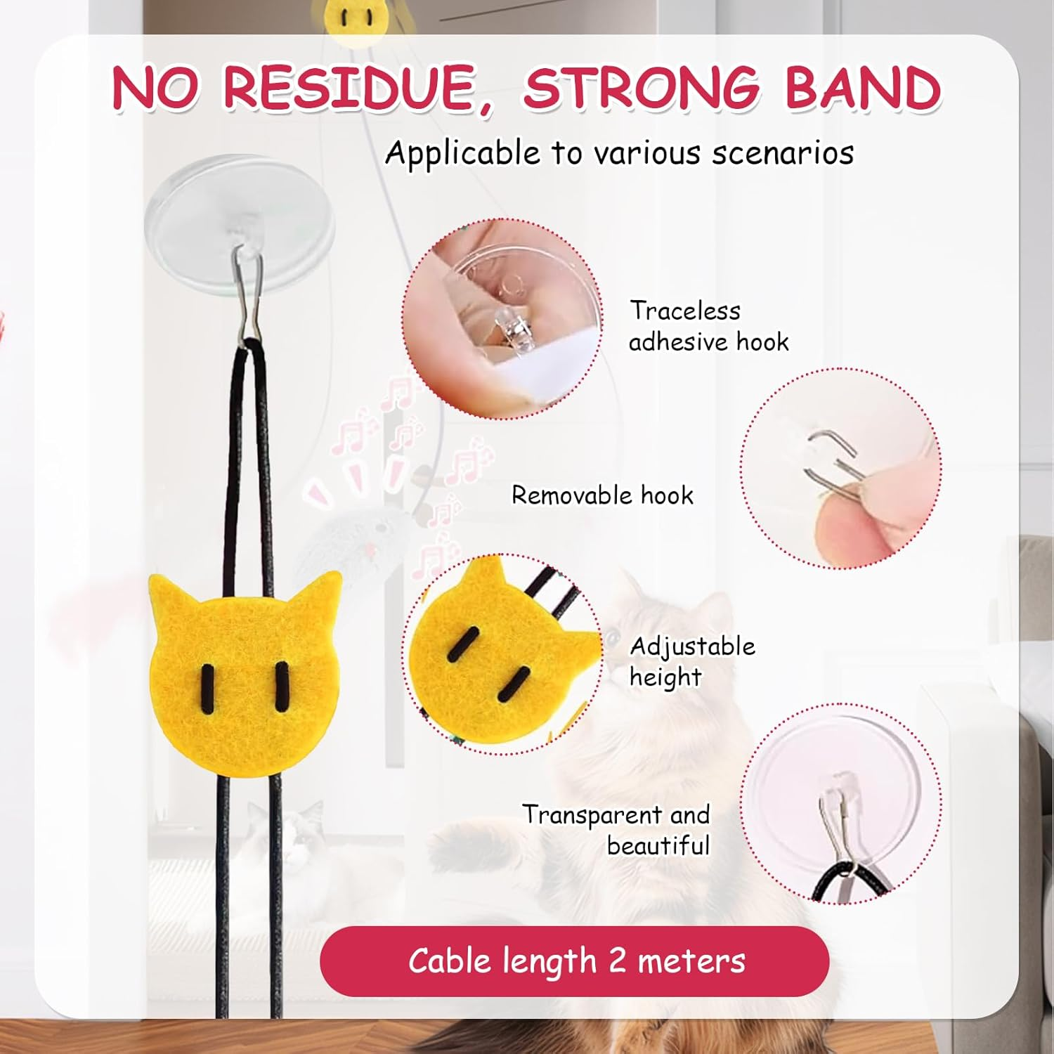 AOUZOVLI 4 Pieces Cat Toy Interactive Mouse Teaser Wand Hanging Door Frame with Squeaky Sound Realistic Mouse Design Feather Tail for Cat Run (Grey) image number 3