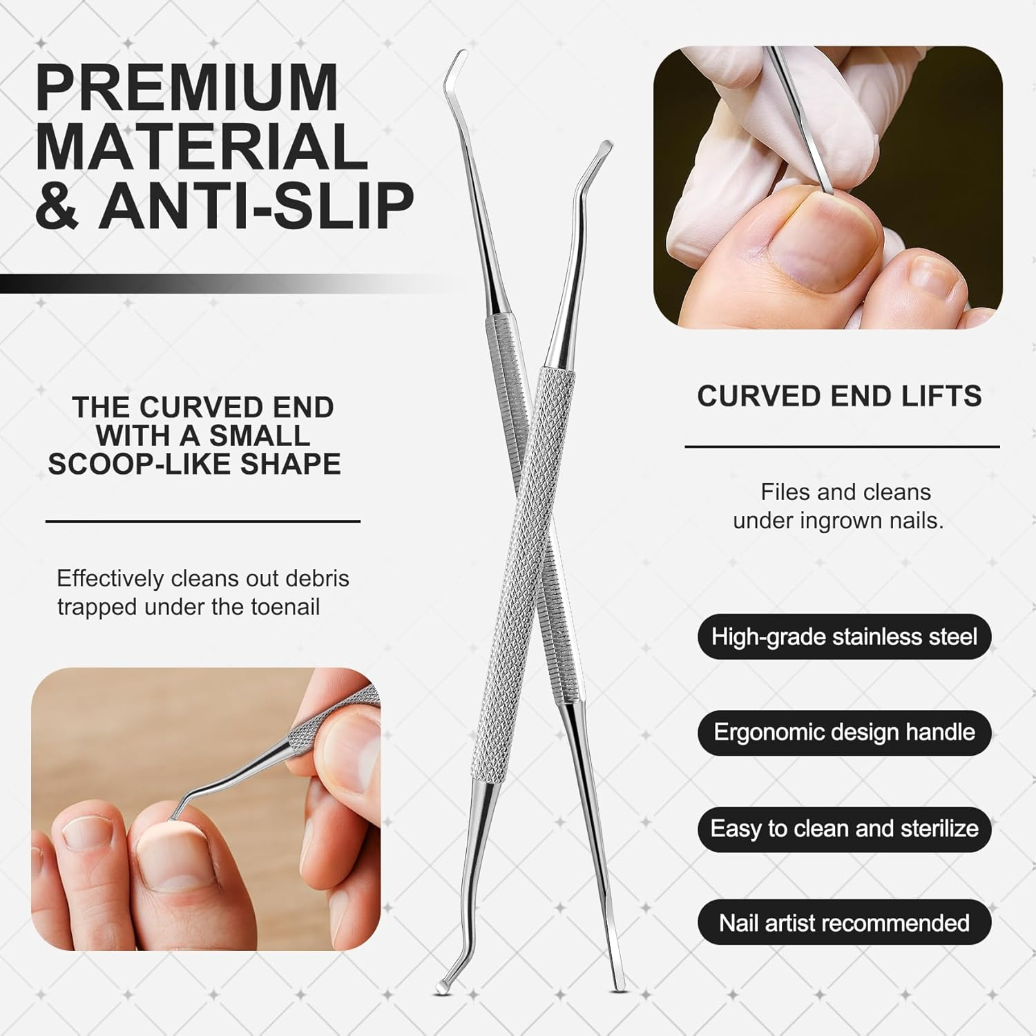 FERYES Ingrown Toenail Removal Tool Kit - 6 Piece Pedicure & Manicure Tools Set with Nail Files, Lifters, Cuticle Trimmers - Podiatrist Grade Nail Care Kit for Thick & Ingrown Nails - Silver