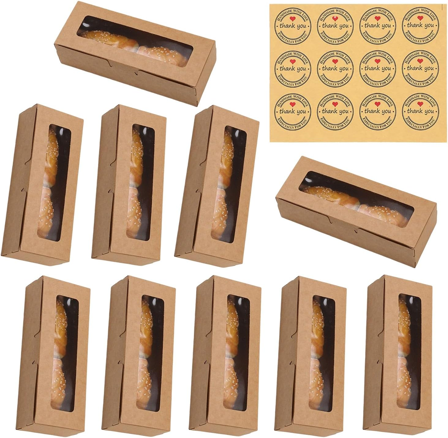 Xinghonyac 10 Pcs Kraft Bakery Boxes, Small Pastry Treat Boxes with Window Gift Packaging Boxes, Cupcake Boxes with Stickers for Cookies, Donut, Pie Slice,Pastries, Mini Cakes (White)