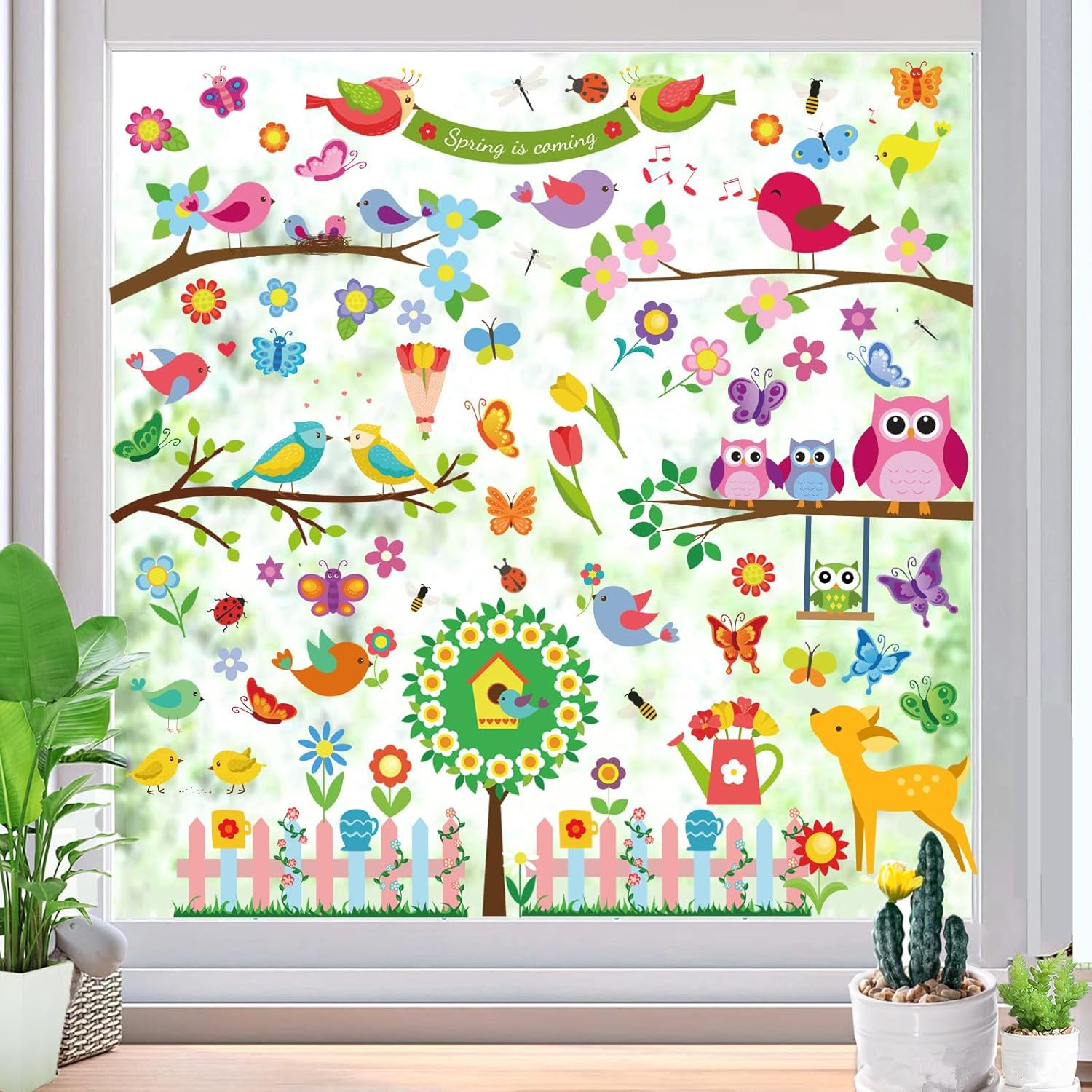 109Pcs Window Stickers, 9 Sheets Double Sided Reusable Window Decals with Flowers, Butterflies and Bee, Anti-Collision Stickers for Glass Door, Window Decorations for Home, School, Kindergarten, Shop.