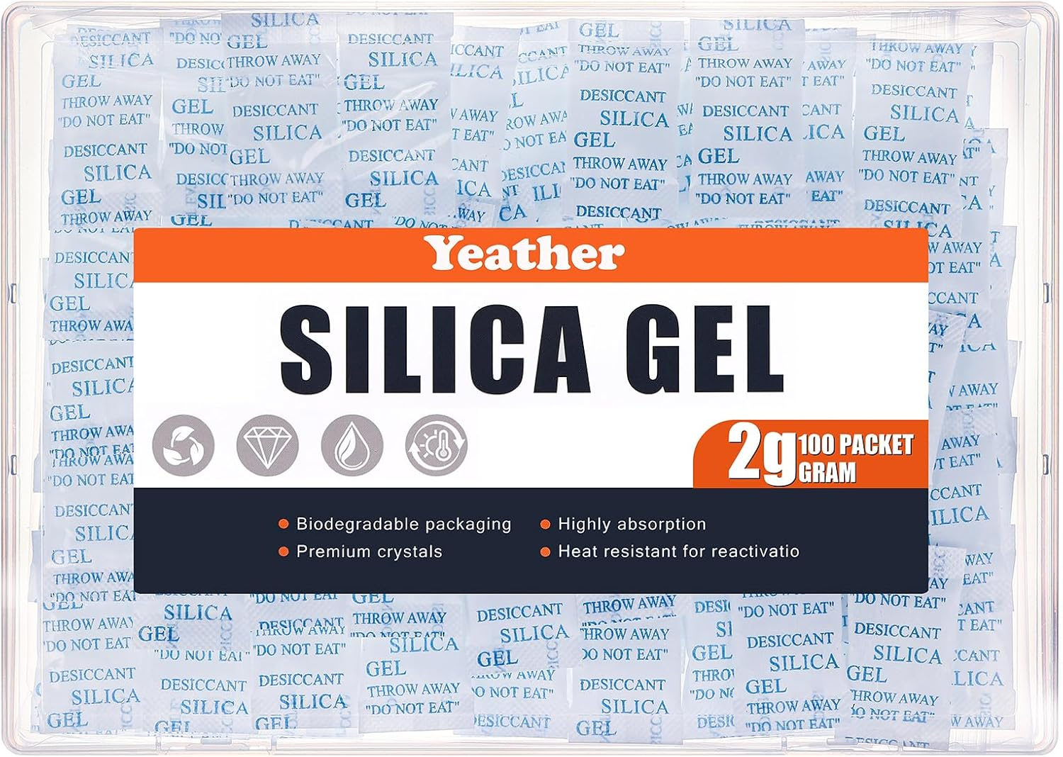 Yeather 2 Gram [100 Packets] Silica Gel Packets - Reusable Desiccant Moisture Absorbers Dehumidifiers for Spices, Jewelry, Shoeboxes, Electronics Storage (Food Safe)