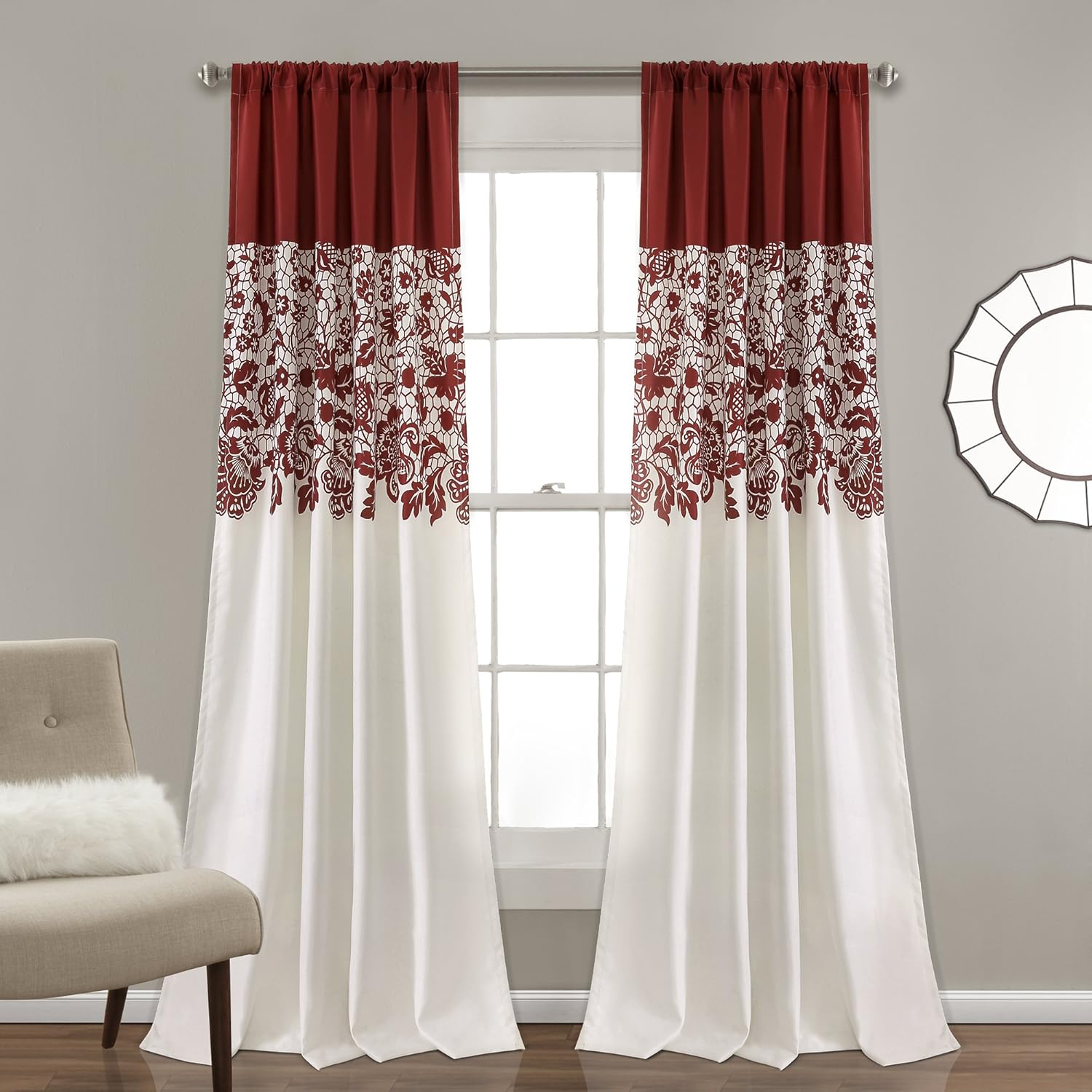 Lush Decor, Red Estate Garden Print Curtains Room Darkening Window Panel Set for Living, Dining, Bedroom (Pair), 95&rdquo; X 52, 95" X 52"