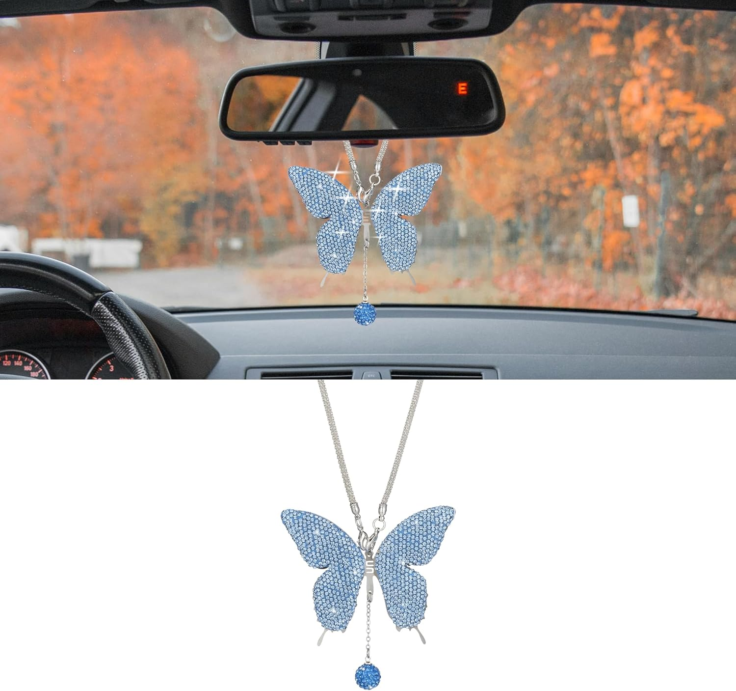 Couslcd Bling Butterfly Diamond Car Accessories, Crystal Car Rear View Mirror Charms for Women, Car Decoration Lucky Hanging Interior Crystal Ornament Pendant Decor for All Cars (Black)