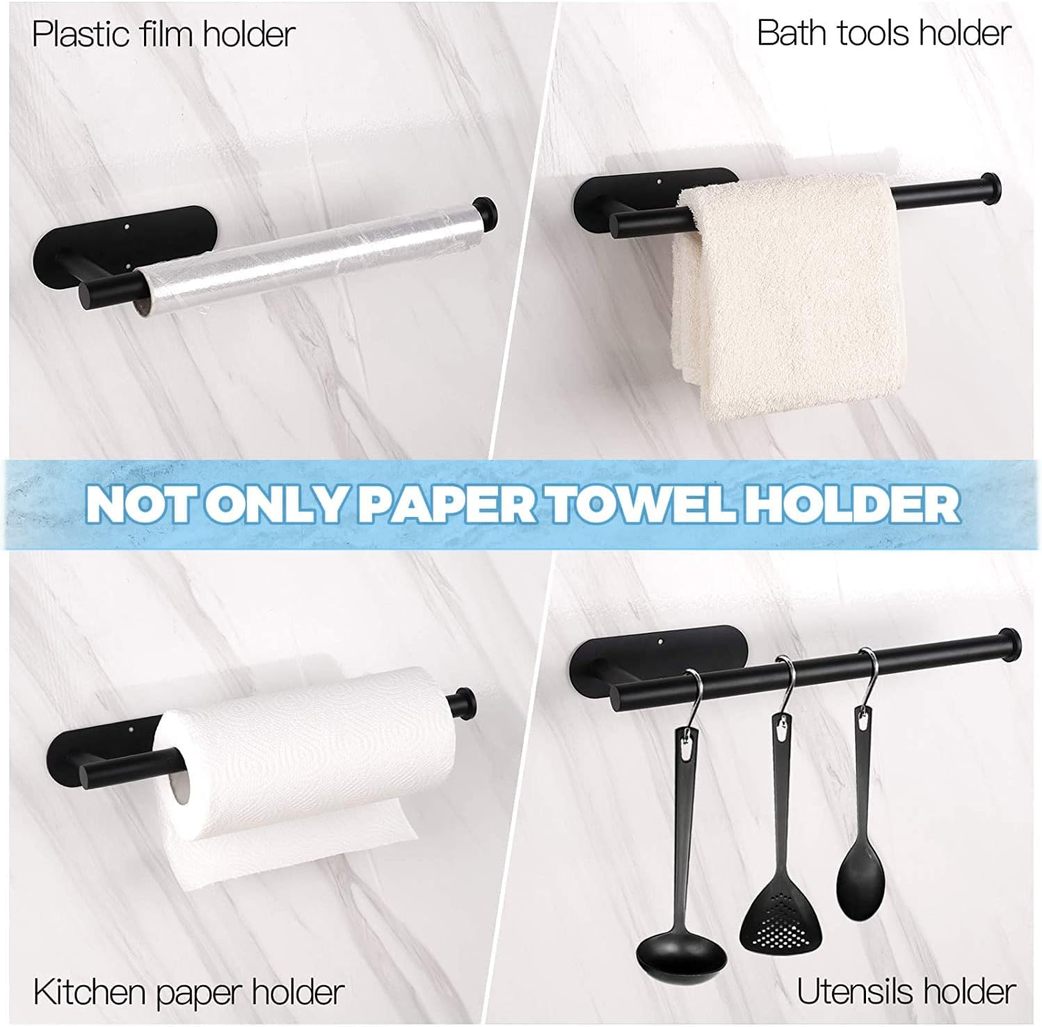 YOZOTI Paper Towel Holder under Cabinet for Kitchen, Self Adhesive or Drilling Paper Towel Holder Wall Mount, SUS304 Stainless Steel (Black) image number 2