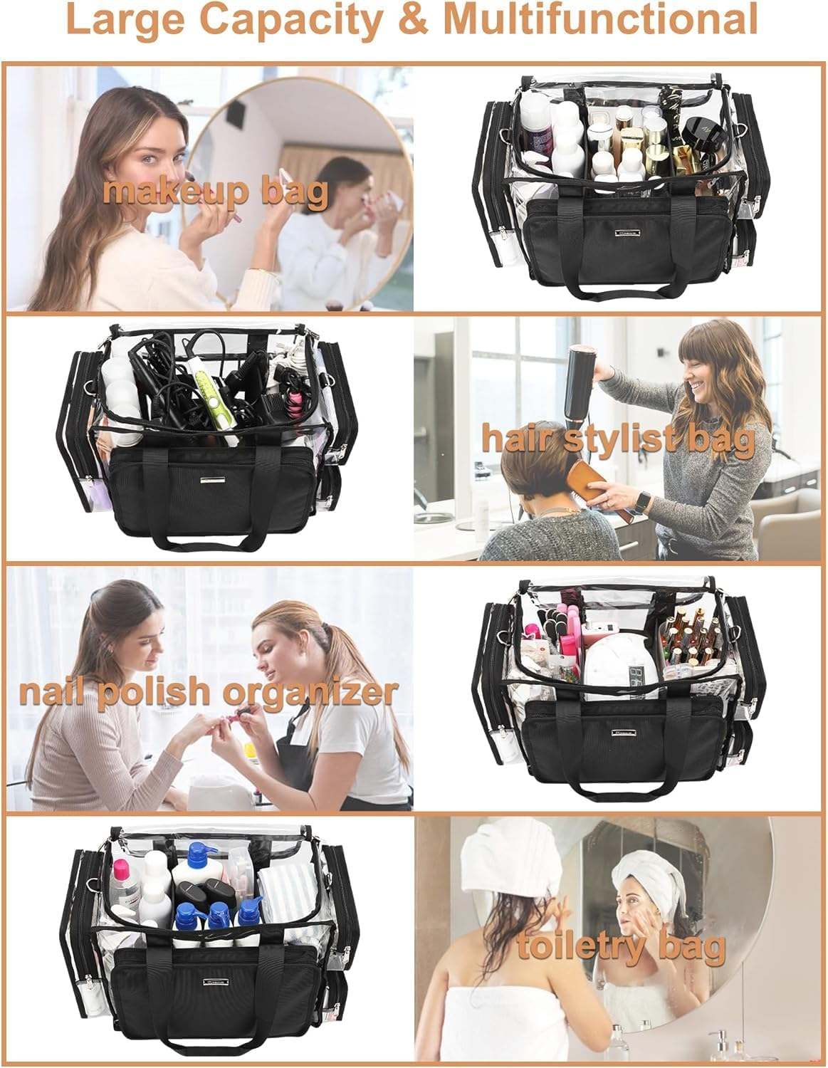 Relavel Clear Makeup Bag Extra Large Makeup Artist Set Bag, Cosmetic Storage Organizer Hair Stylist Travelling Bag, Transparent Tote Duffle Beach Toiletry Bag with Adjustable Dividers image number 1