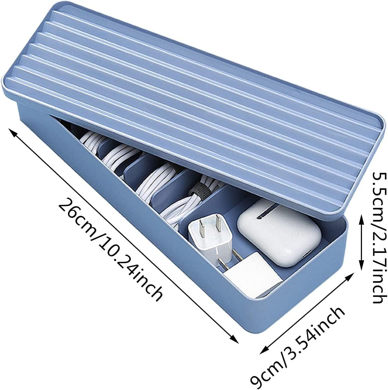 Cable Storage Box, Power Cord Organizer, Cable Management Case, USB Cord Sorter with Lid & 7 Compartments 10 Wire Ties Desk Accessories Storage for Office Stationery Supplies, Makeup Box (Blue) image number 5