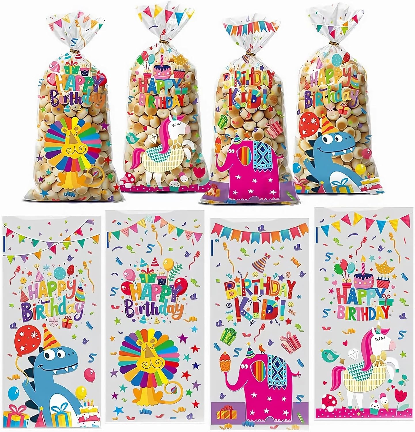 100 Pcs Birthday Treat Bags,4 Cartoon Designs Happy Birthday Cellophane Bags Candy Goodies Snacks Cookies Bags with Twist Ties for Birth Day, Baby Showers, Holiday Party Favor Gift Decor (Colorful)