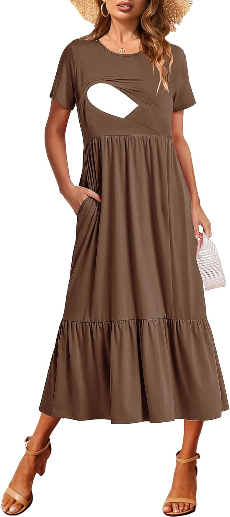 Women Nursing Short Sleeve Crew Neck Fall Dress Maternity Flowy Maxi Dresses Tiered Cocktail Dress with Pockets