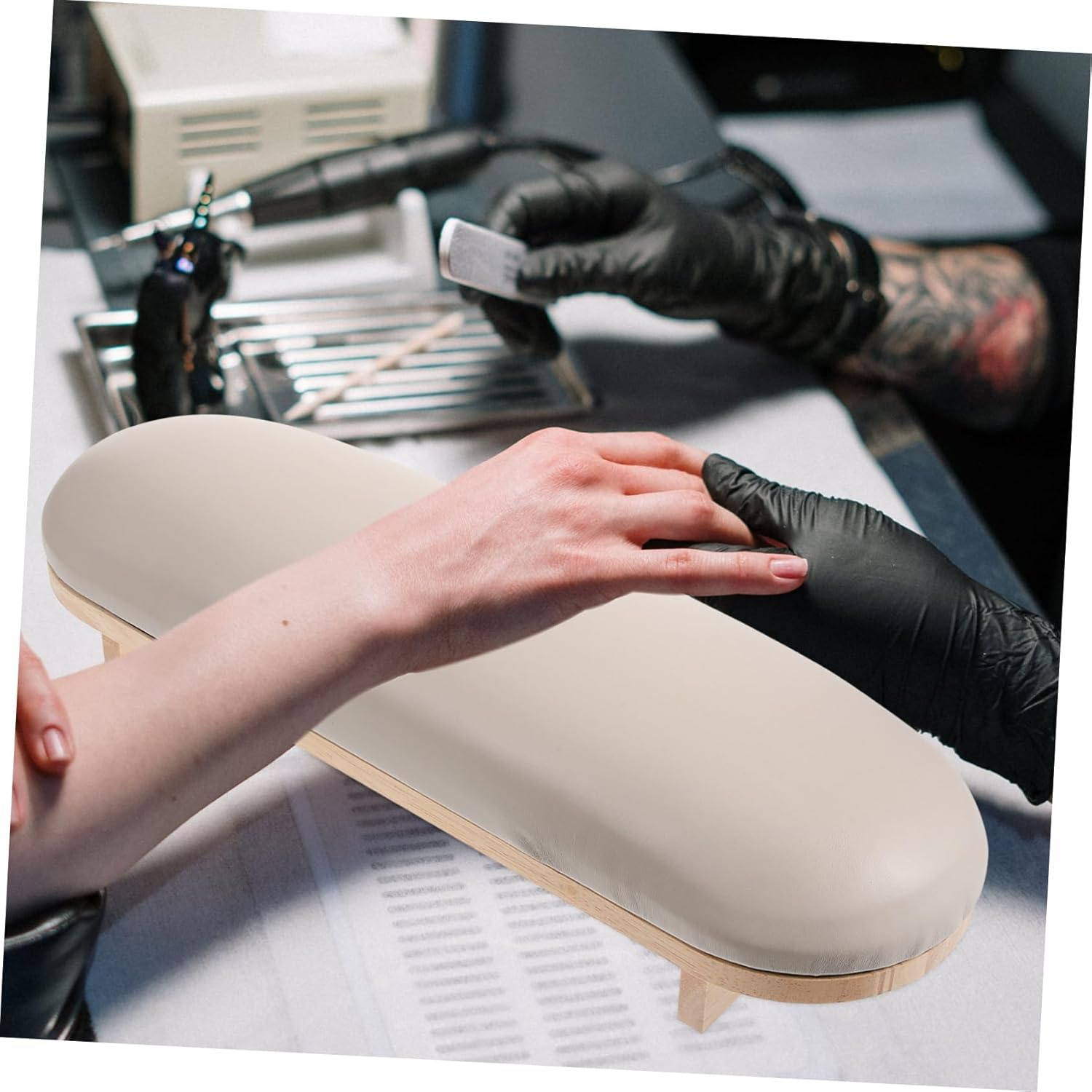 DEARMAMY Nail Arm Rest Pillow Leather Cushion for Nail Art Stable Hand Rest Stand for Manicure at Home Salon Comfortable Support for Nails Tech Wooden Base