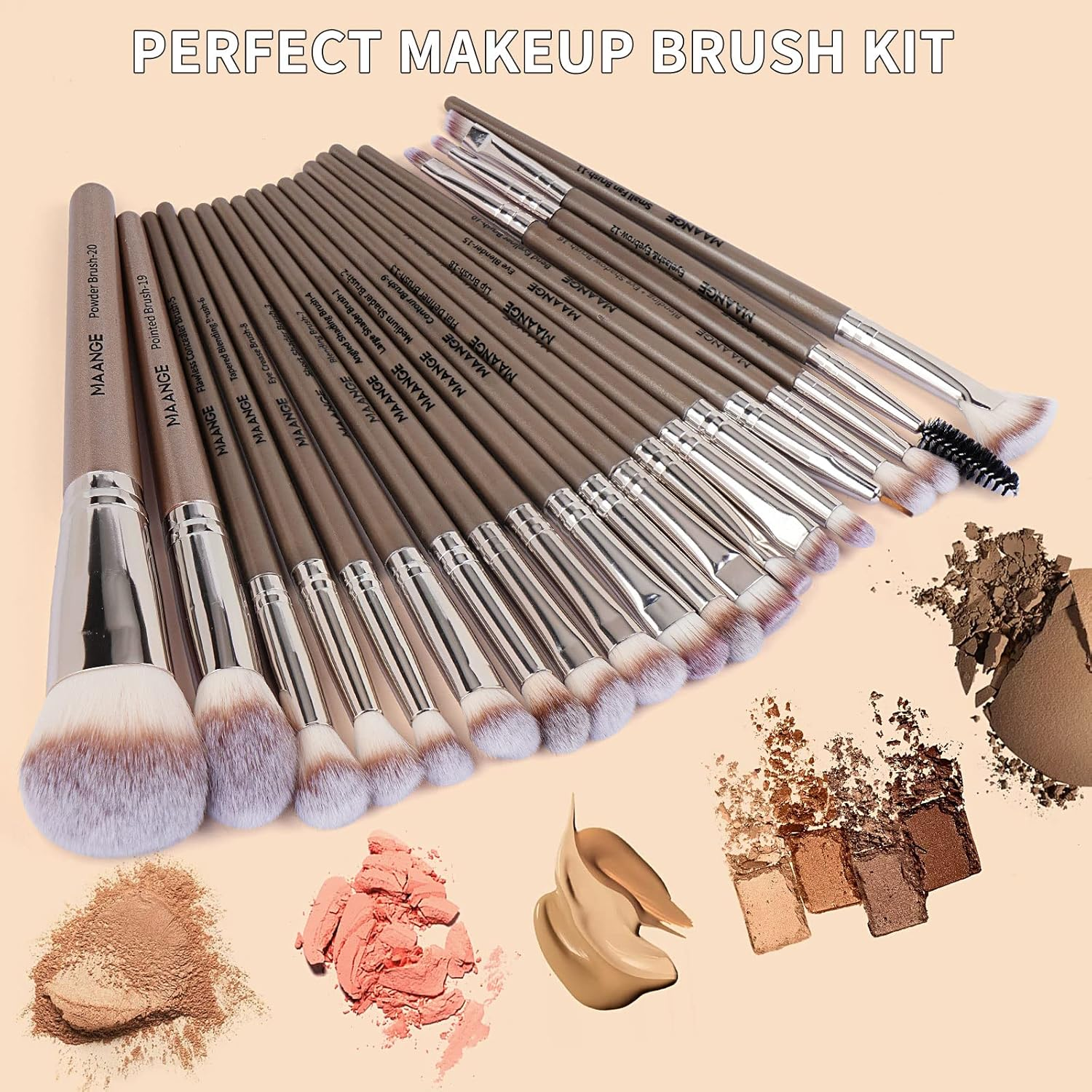 MAANGE Makeup Brushes 20Pcs Makeup Brush Set Premium Synthetic Foundation Face Powder Blush Concealers Make up Brushes Sets with Gift Box（Champagne)
