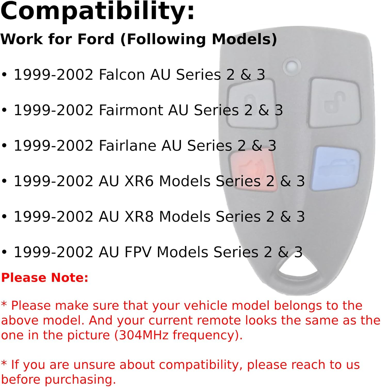 QSDIYRF 4-Button Car Remote Control Compatible with Ford Falcon/Fairmont/Fairlane/Xr6/Xr8/Fpv AU Series 2 & 3 1999-2002 AU2/AU3 Vehicle Models, 304Mhz Complete Remote Replacement, 1 Pack image number 1