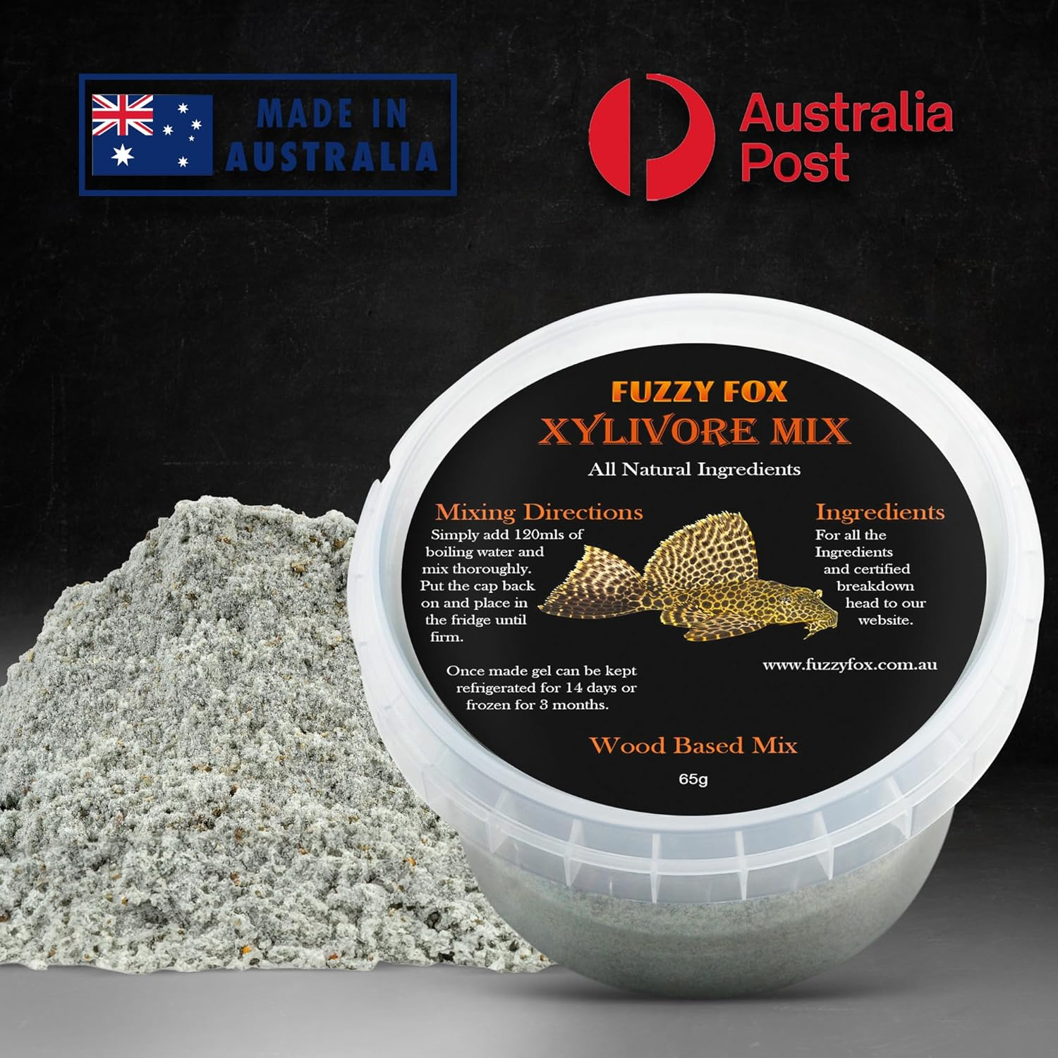 Fuzzy Fox Xylivore Gel Mix Fish Food, Wood-Based Nutrient Powder with Spirulina, Vitamin C, and More for Sucker Fish, Plecos, Cat Fish & Aquatic Pets, 65G image number 2