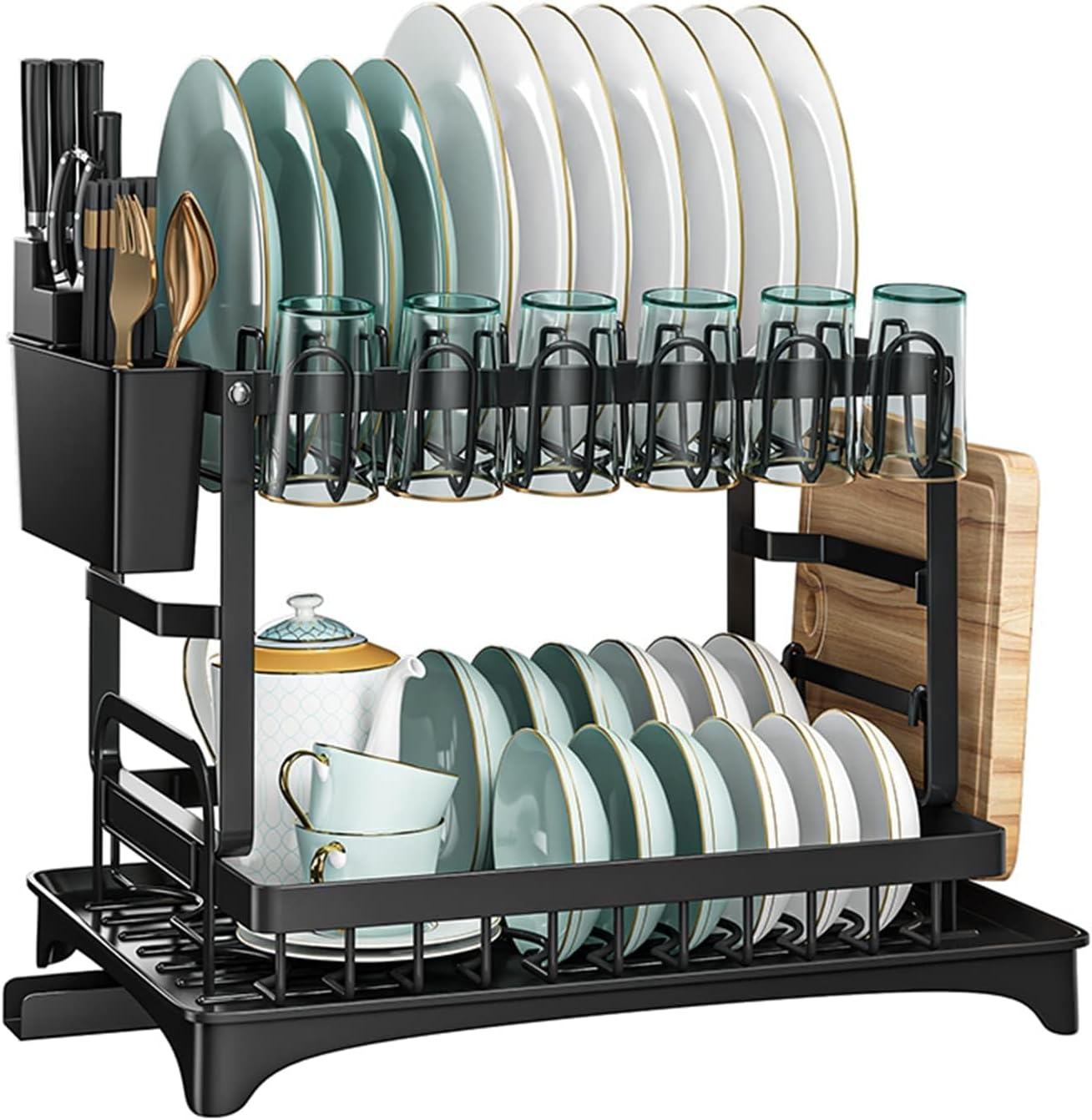 Dish Drying Rack for Kitchen Counter, 2 Tier Rustproof Dish Rack for Kitchen Countertop with Draining Board, Cutting Board Holder, Cup Holder, Cutlery Rack, Large Capacity (Black) image number 3