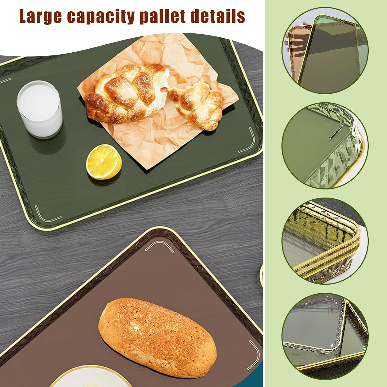 Fkereg Rectangular Food Serving Tray with Raised Gold Embossed Rim, 37 X 25.7 Cm Reusable Plastic Party Platters Plates, Decorative Fast Food Cafeteria Tray for Tea Fruits Desserts Appetizer, White image number 3