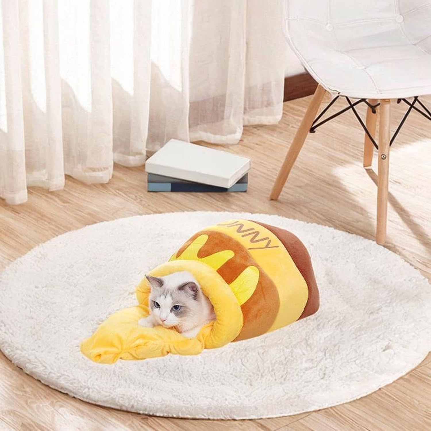 Yuksok Hoeny Pot Cat Bed Cave Soft Semi Enclosed Cartoon Nonslip Bottom Hideout Winter Warm Pet House Pet Bed for Cat Dog Puupy, Yellow image number 5