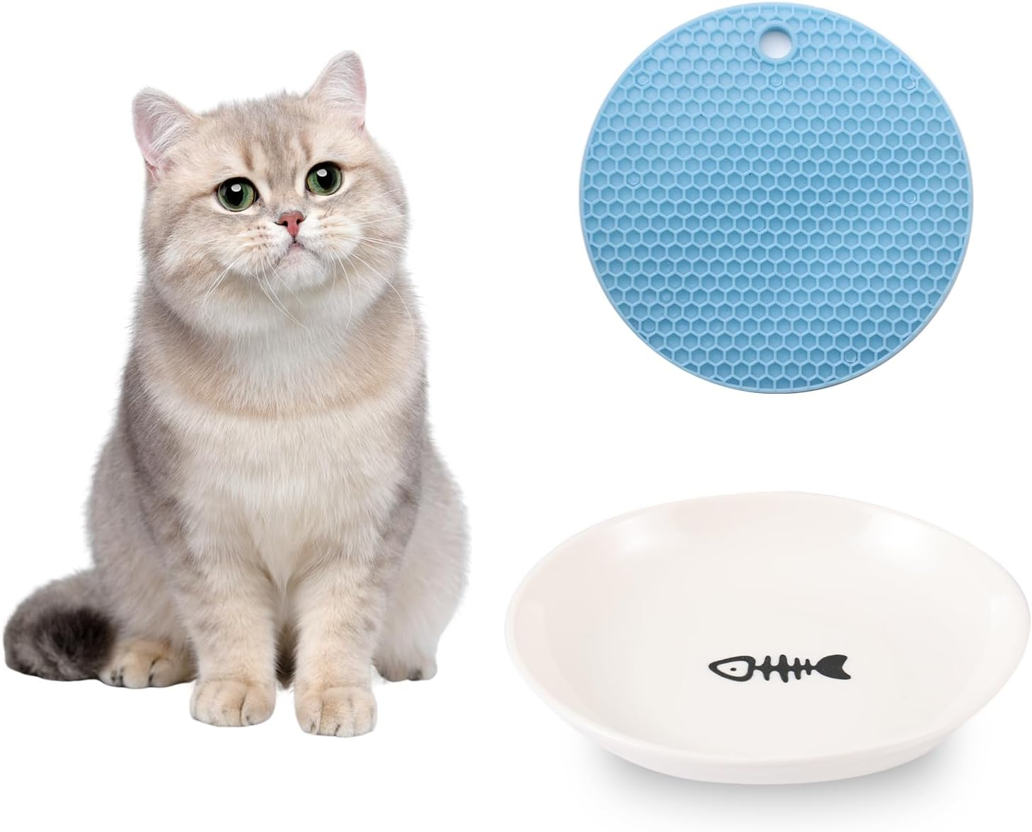Cat Bowl, 1 Piece Ceramic Feeding Bowl with 1 Non-Slip Mat, Cat Bowl Set, Kitten Feeding Bowl, Wide and Flat Pet Feeding Bowl or Plate for Cats and Small Dogs