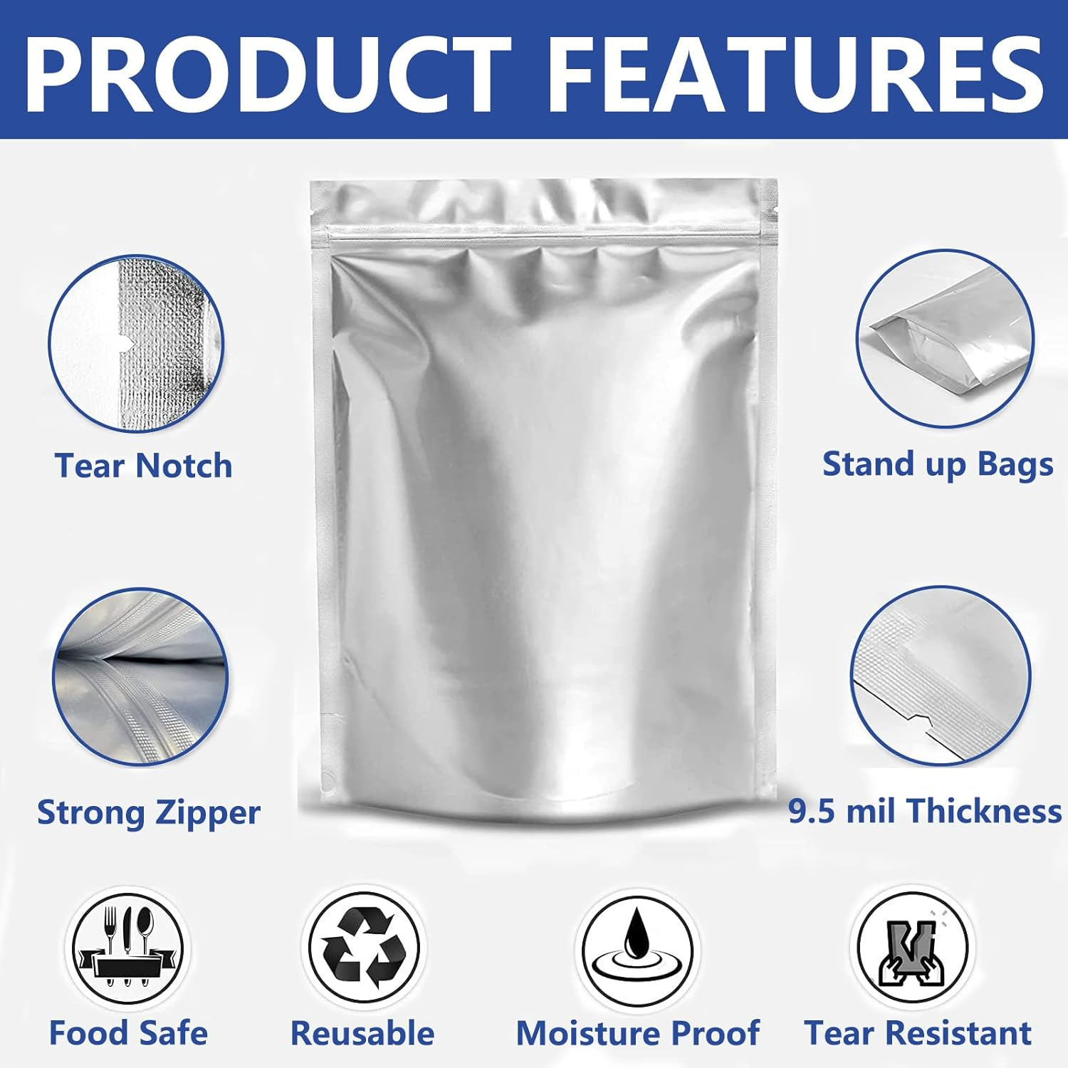 Durimoiy 50Pcs Mylar Bags for Food Storage - Extra Thick 9.5 Mil - 1/2 Pint 5"X7" Stand-Up Zipper Pouches Resealable Bags & Heat Sealable Food Grade Storage Bags for Packging Products image number 4