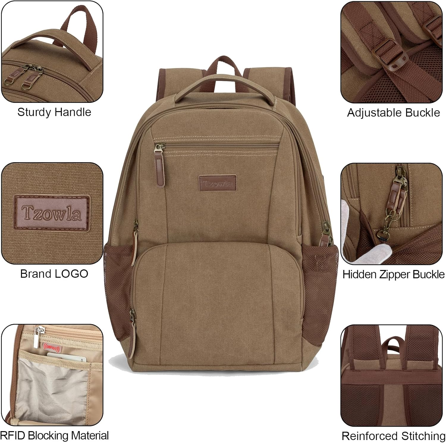 Tzowla Canvas Laptop College Backpack for Men and Women,Travel Work Vintage Rucksack with Usb/Type-C Charging Port,Lightweight Bookbag Hiking Casual Daypack Backpacks Fit 15.6 Inch Notebook image number 3