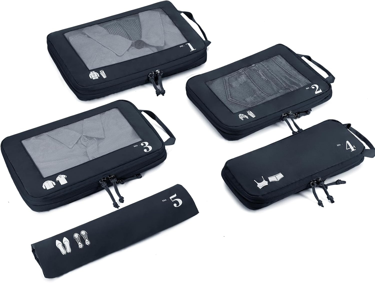 ECOHUB 5 Set Compression Packing Cubes for Suitcases, Travel Organizer Bags with Shoes Bag, Tear Resistant, Machine Washable, Dark Blue