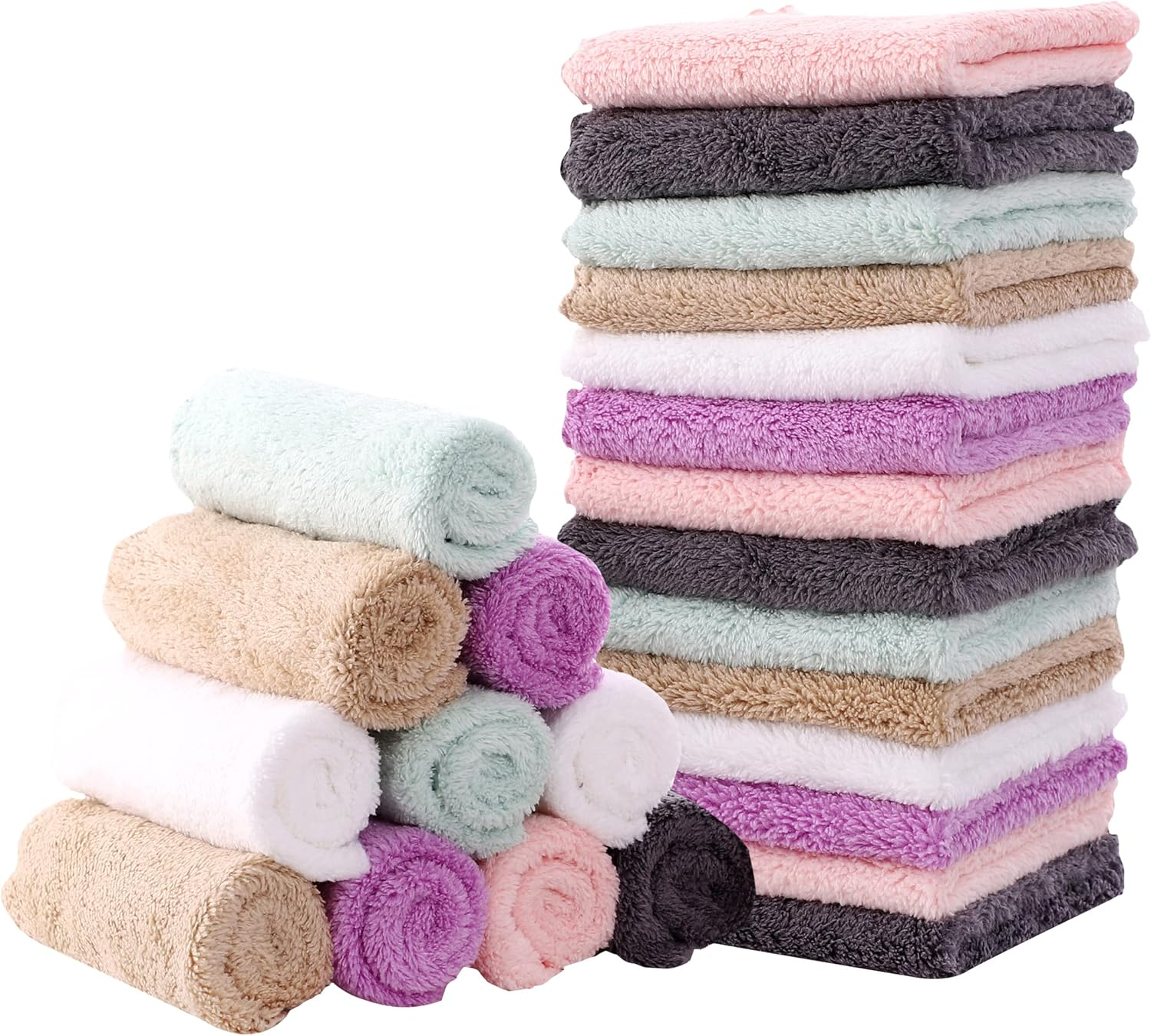 MOON PARK Baby Washcloths, 24 Pack - 8X8 Inches, Small Burp Cloths and Baby Wipes - Microfiber Coral Fleece Ultra Absorbent and Soft for Newborn, Infant and Toddlers - Multicolored