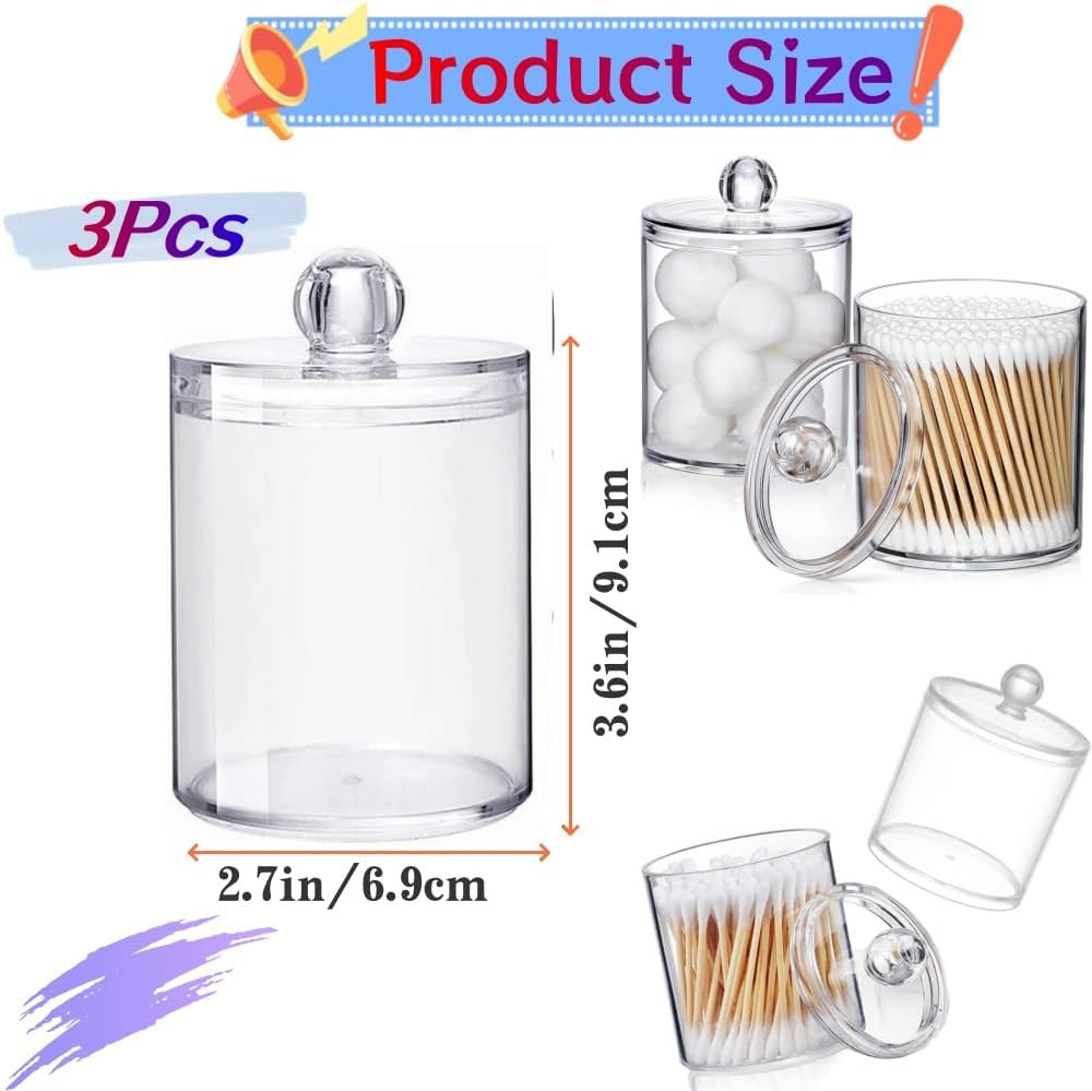 3Pcs Clear Jar Organizer,Cotton Swab, Cotton round Pads, Floss Picks - 10 Oz Clear Plastic Apothecary Jar Set for Bathroom Canister Storage Organization, Vanity Makeup Organizer image number 3