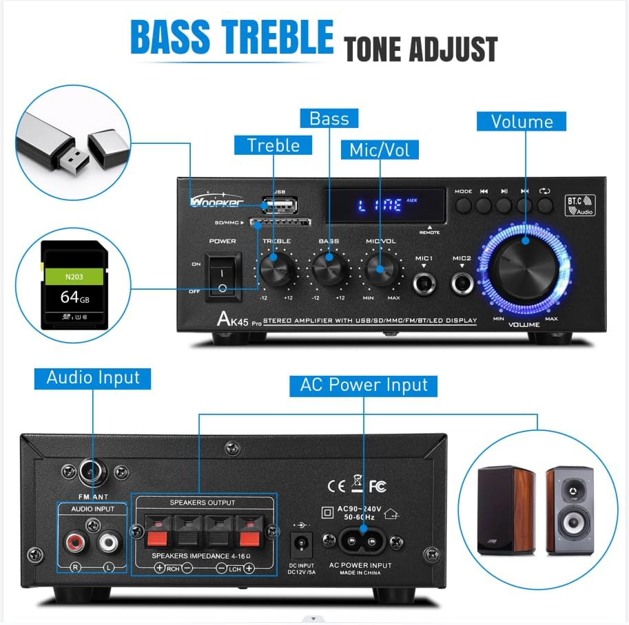 AK45 PRO Stereo Audio Amplifier, 425W Home 2 Channel Wireless Bluetooth 5.0 Power Amplifier System, Home Amplifiers FM Radio, USB, SD Card, with Remote Control Home Theater Audio Stereo System image number 5